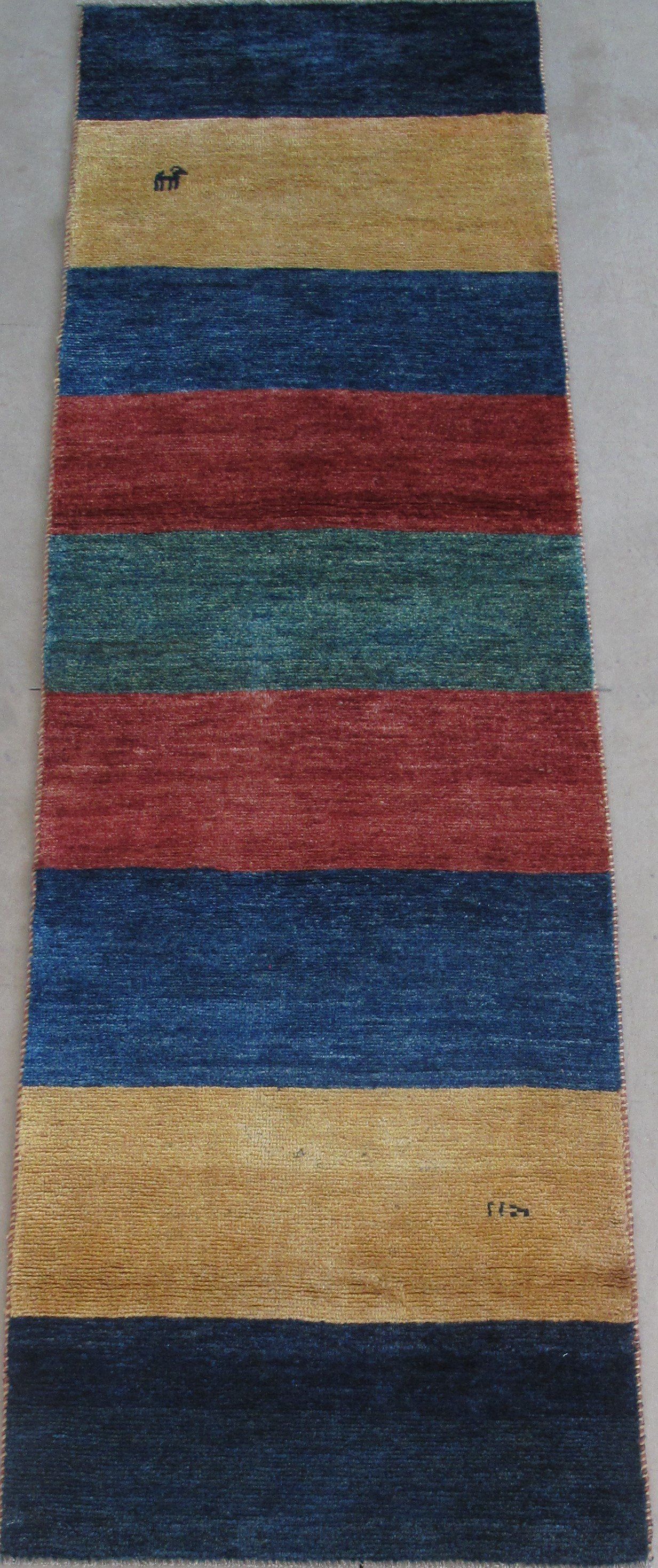 A colorful striped rug is sitting on a concrete floor.