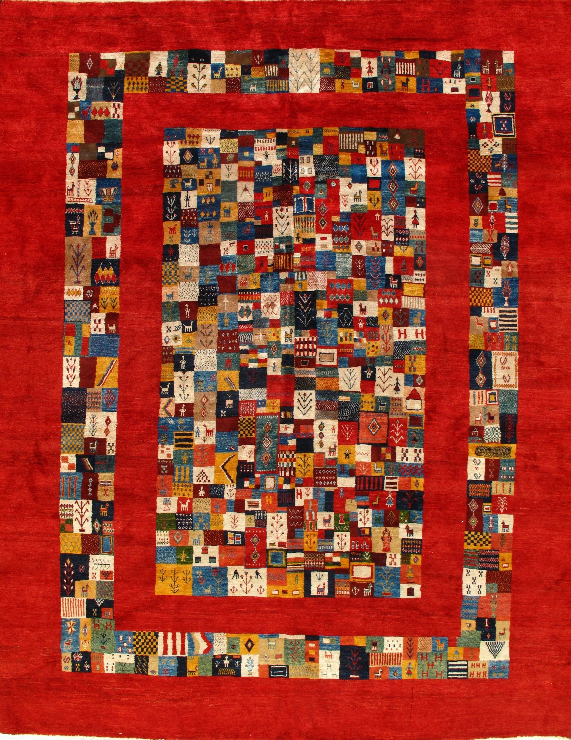 A red rug with a square in the middle of it