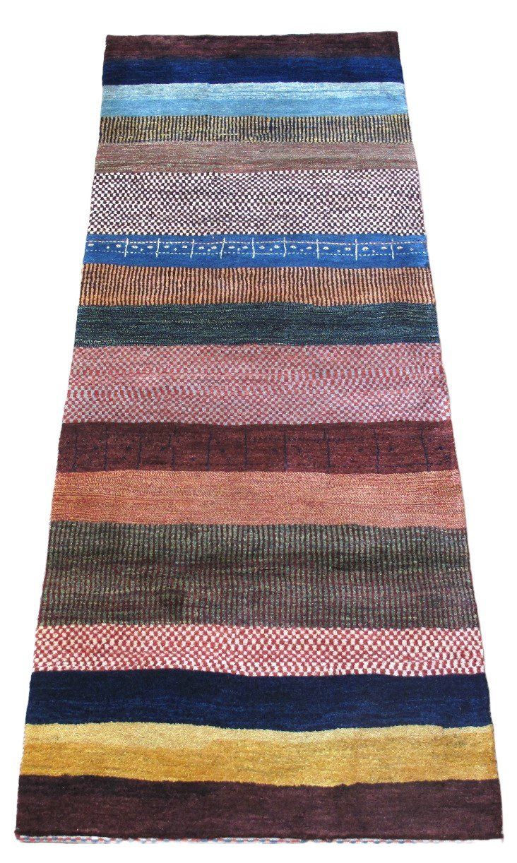A colorful striped rug is sitting on a white surface.