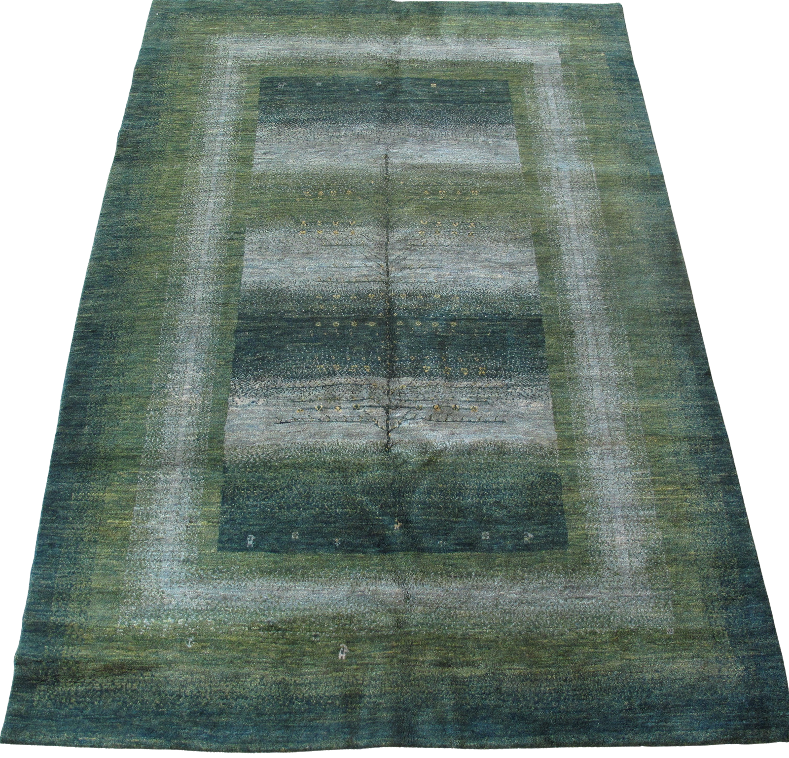 A green rug with a white border on a white background