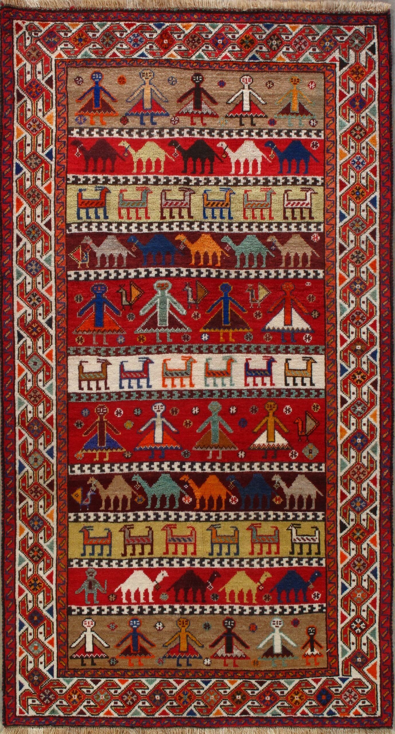 A red rug with a geometric pattern on it