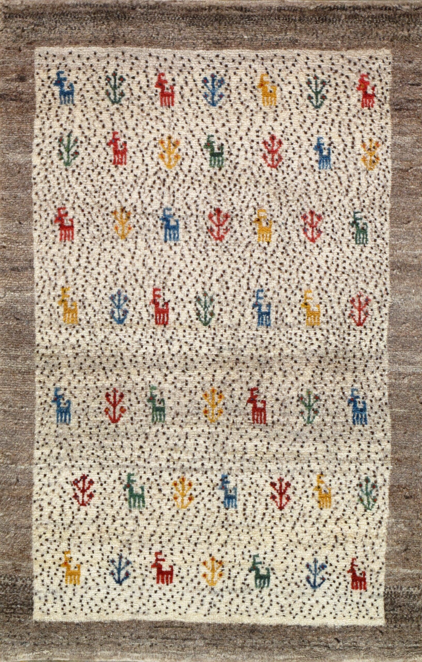 A rug with a pattern of colorful animals on it.
