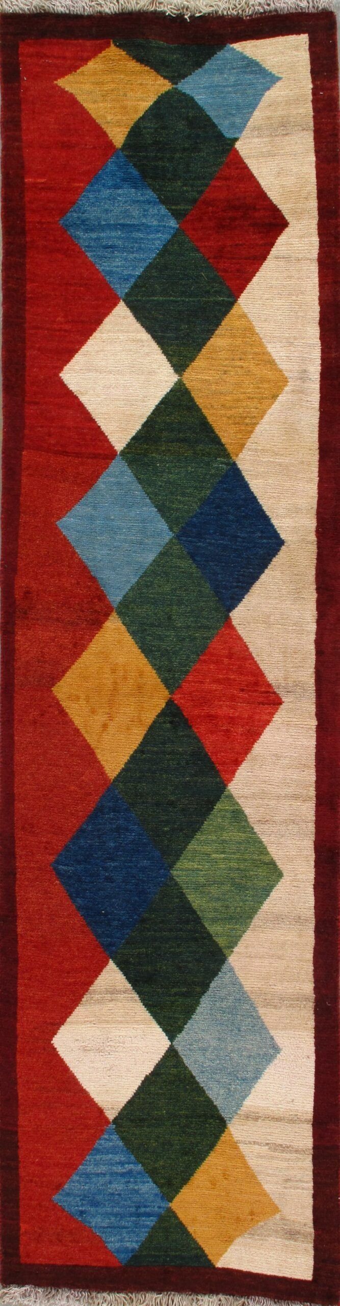 A colorful rug with a geometric pattern on it