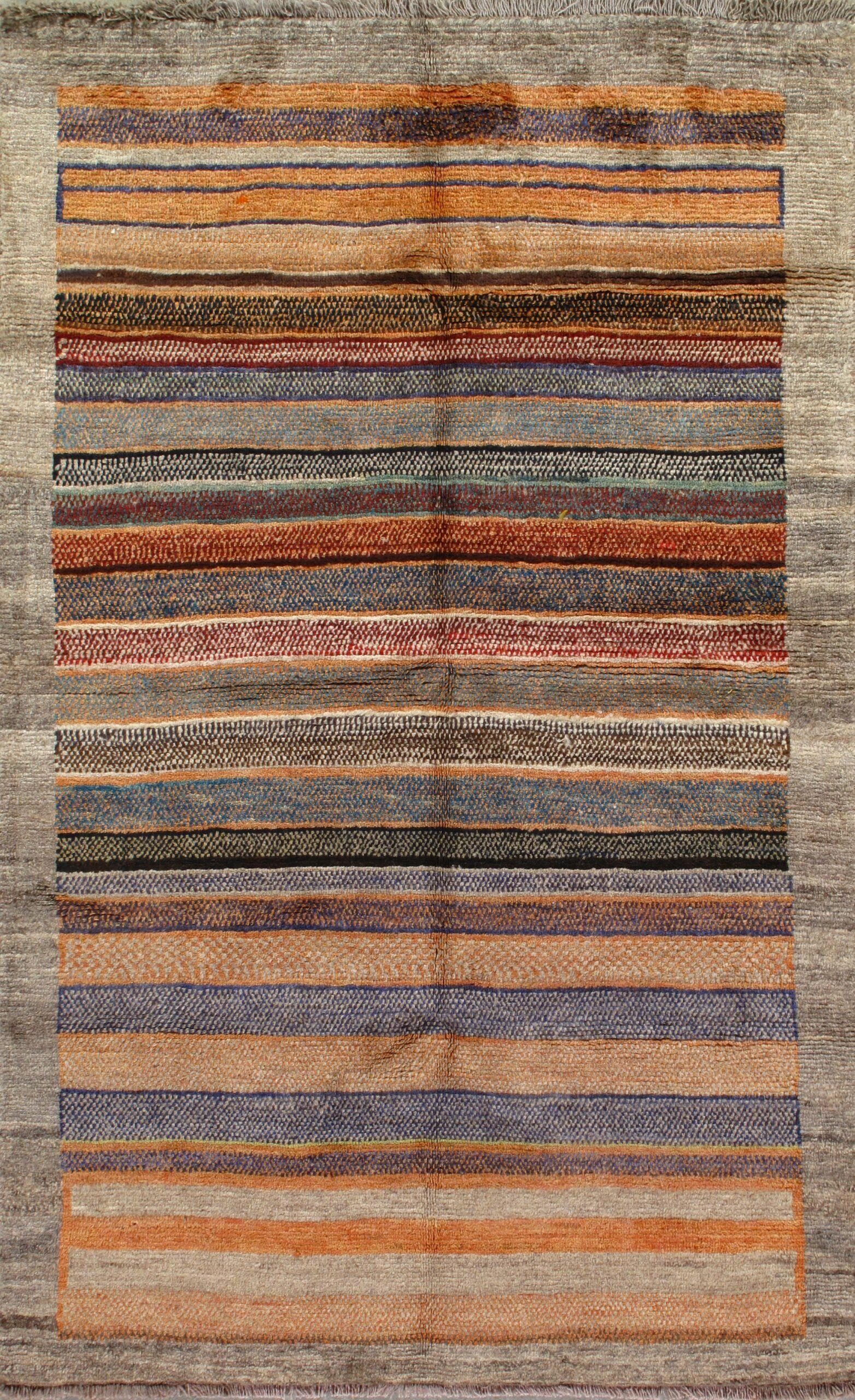A close up of a rug with a striped pattern on it.