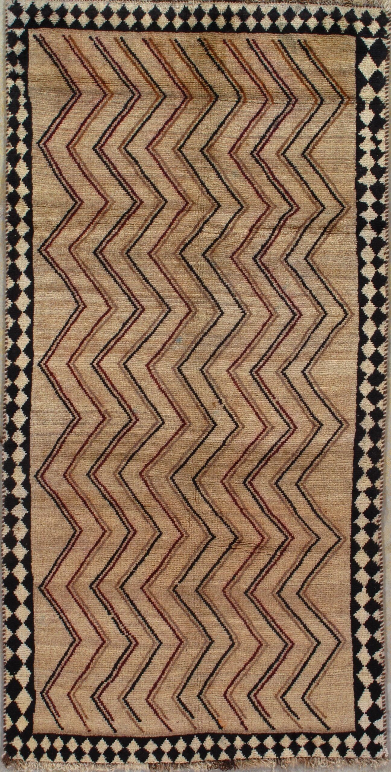 A rug with a zigzag pattern and a black and white border.