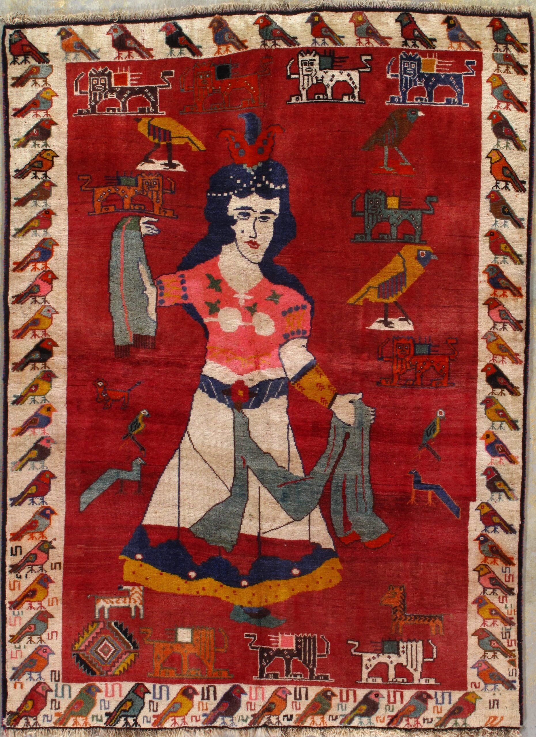 A painting of a woman holding a bird on a red background