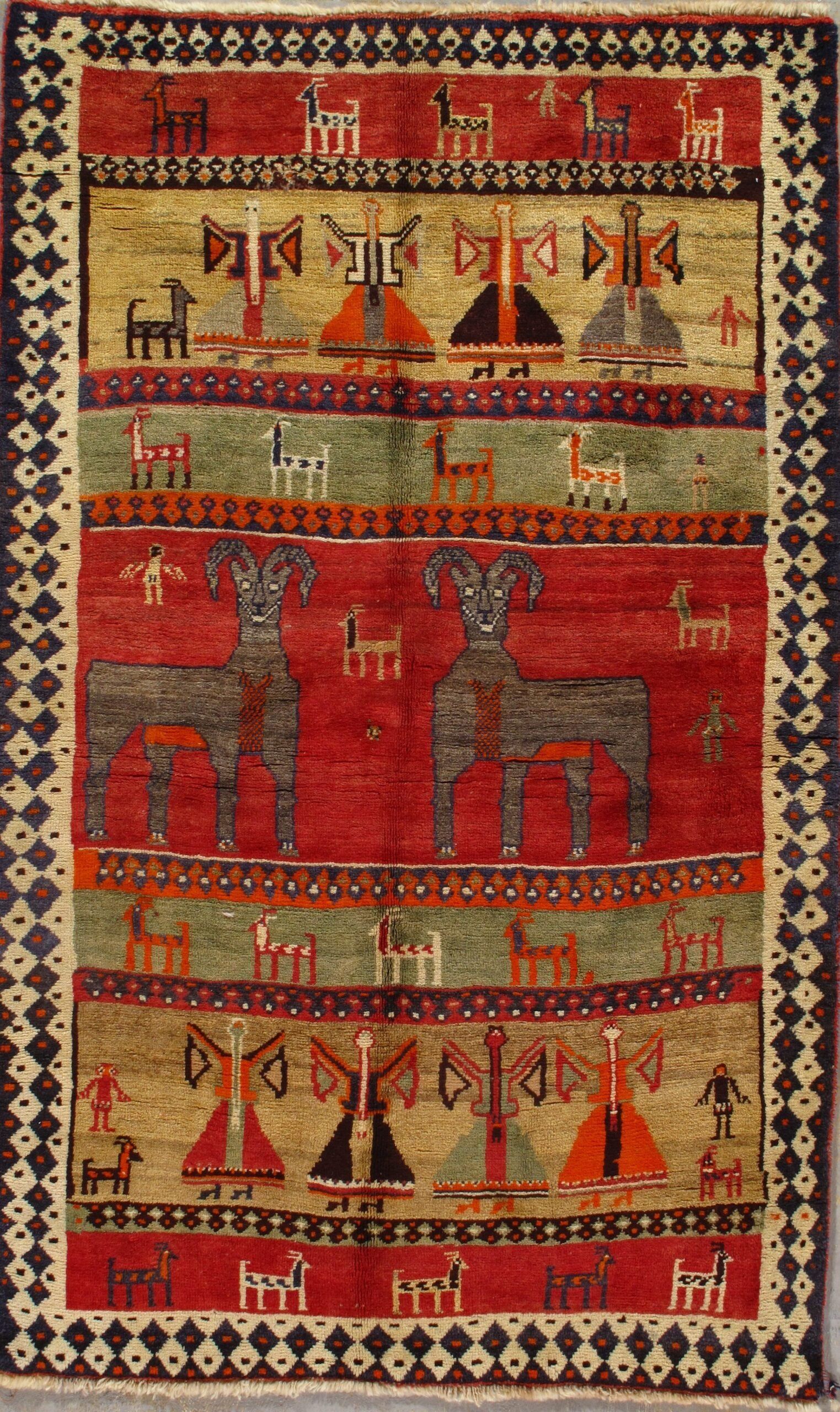 A rug with a pattern of animals and people on it