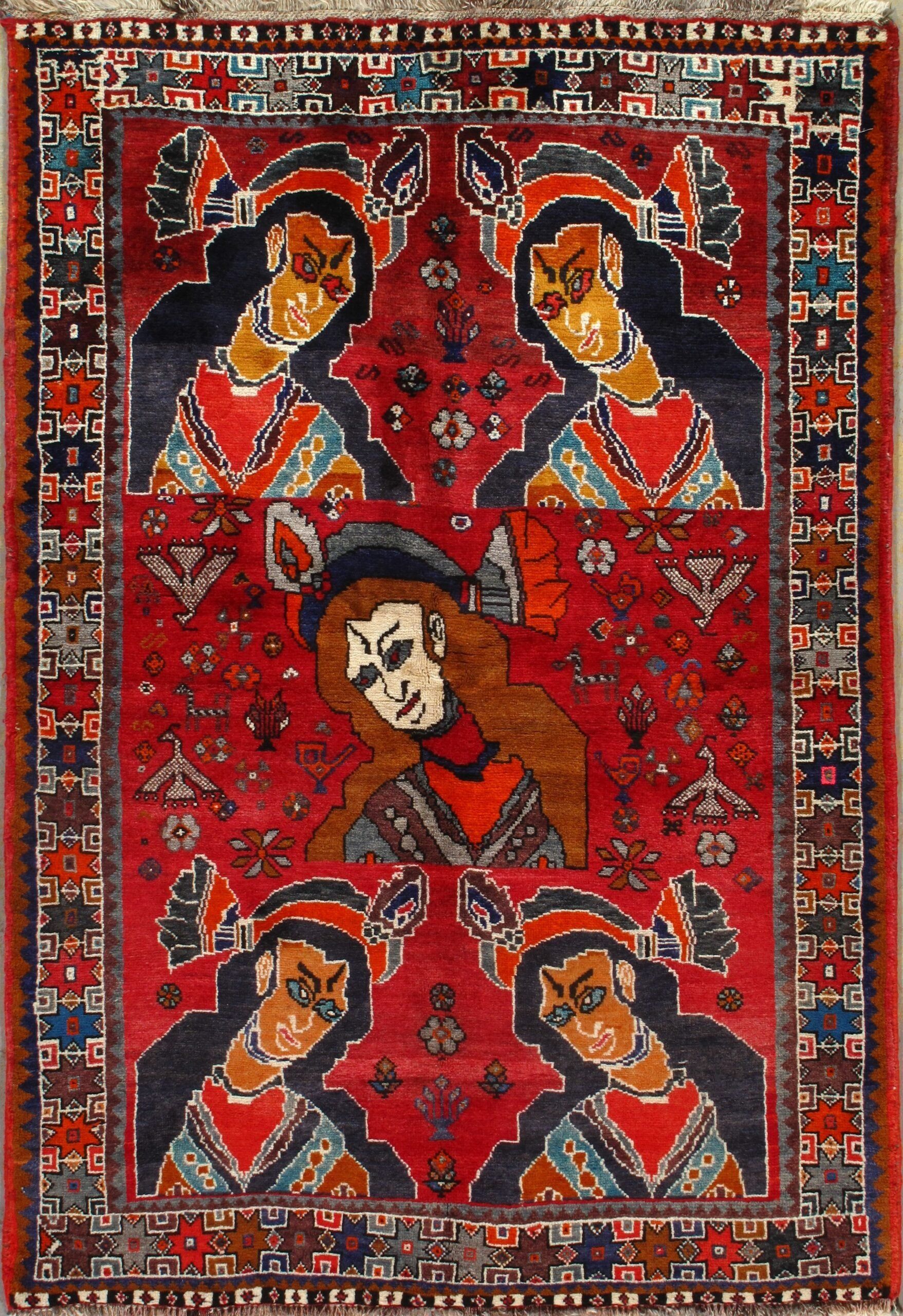 A red rug with a painting of four women on it