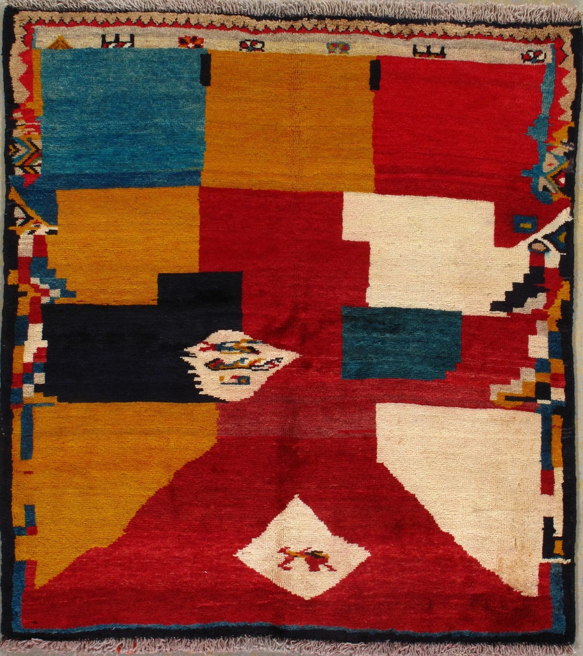 A colorful rug with a geometric pattern on it