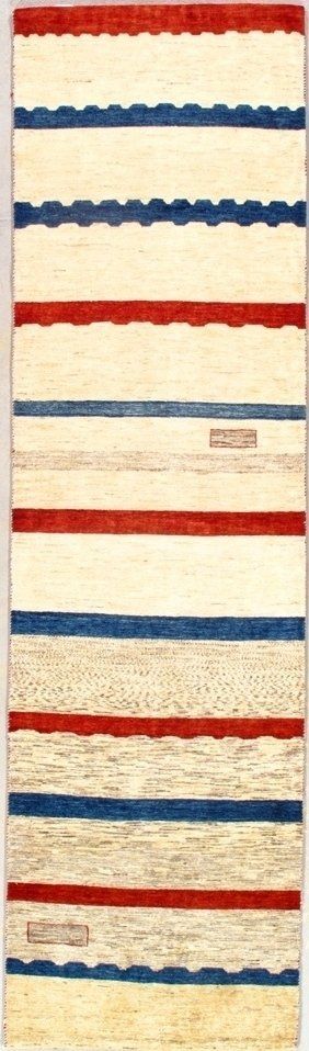 A red , white and blue striped rug on a white background.