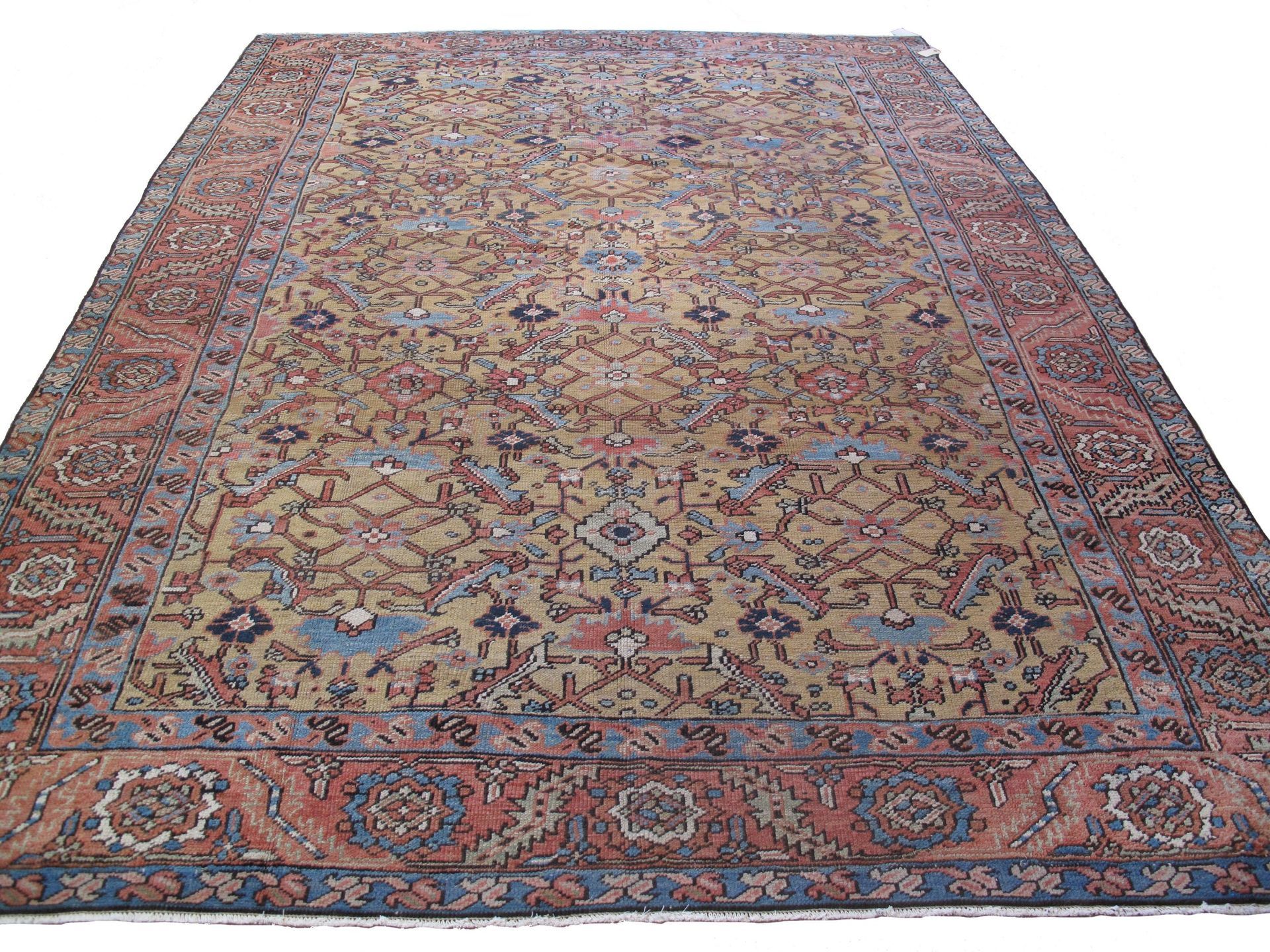 A large rug with a floral pattern on it is on a white background.