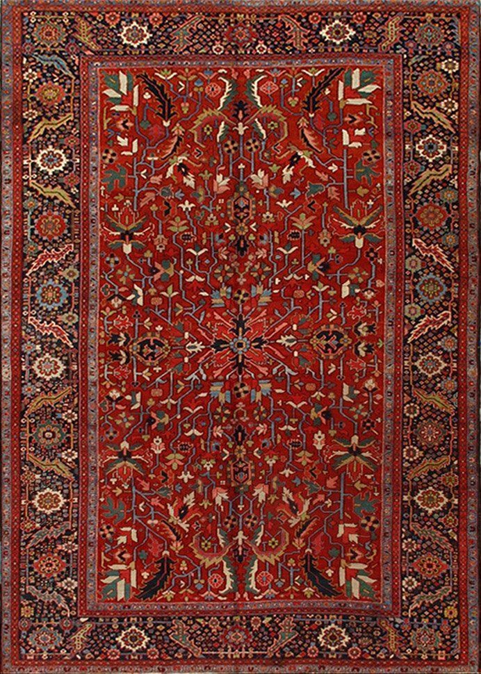 A red rug with a floral pattern on it