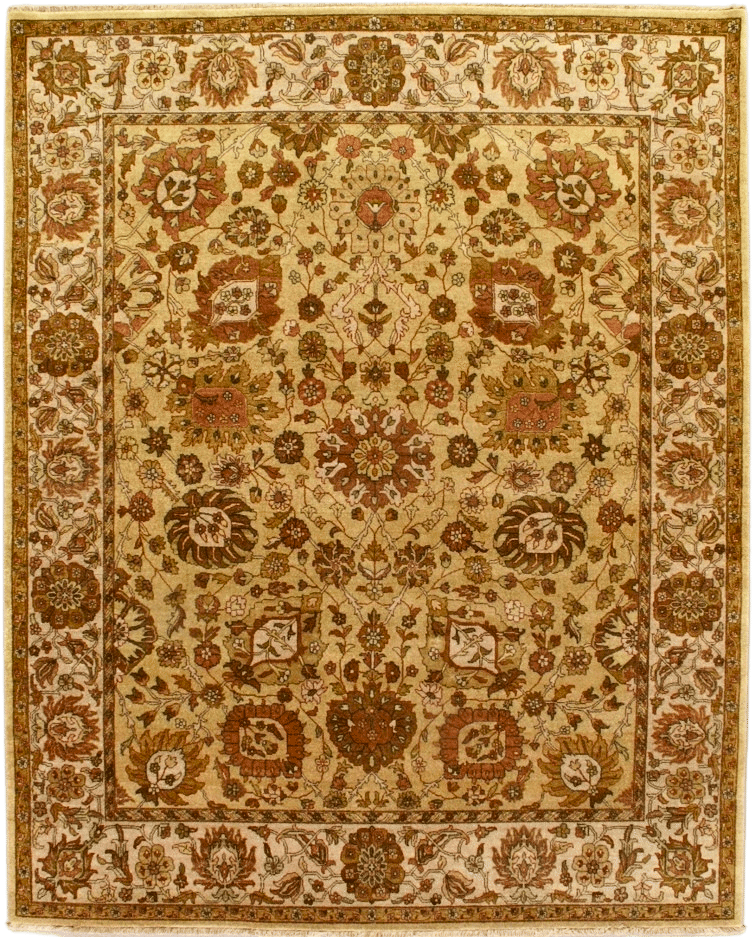 A rug with a floral pattern on it is on a white background.