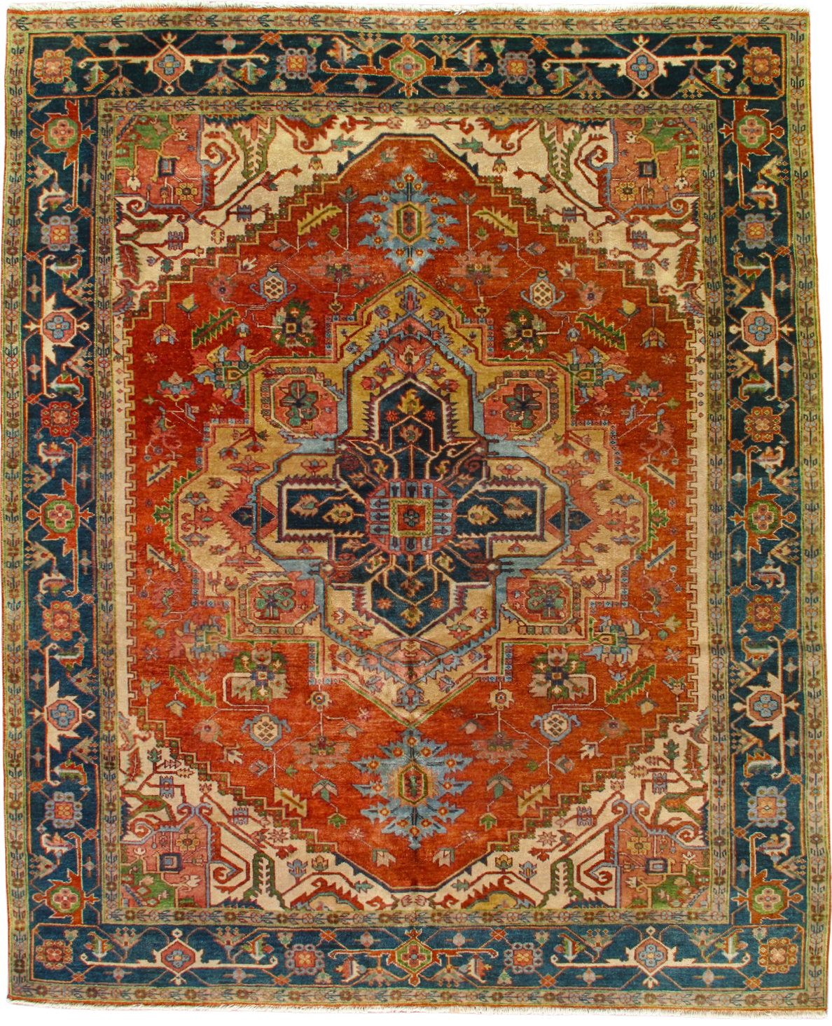 A red and blue rug with a floral pattern on it