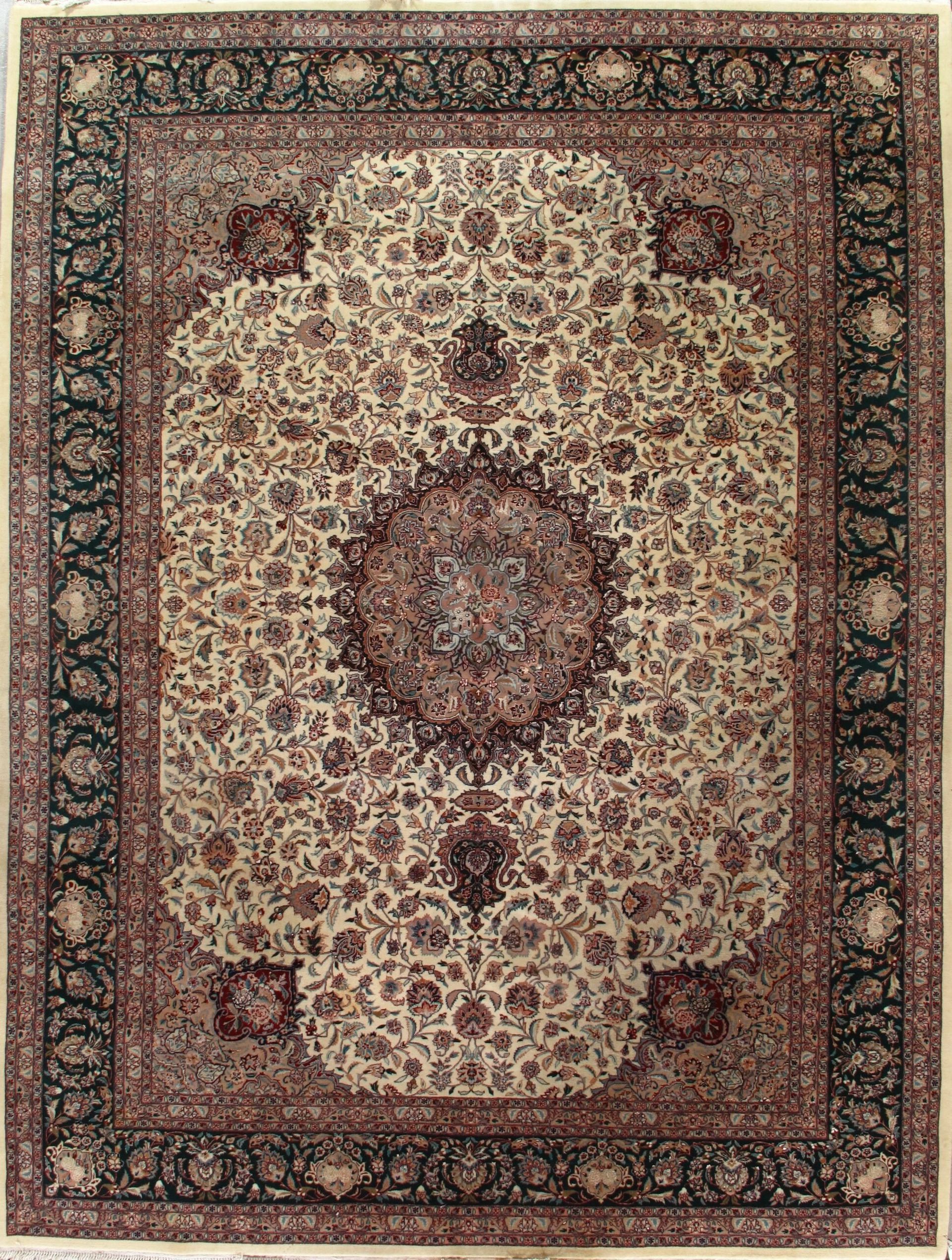 A rug with a floral pattern on it is sitting on a table.