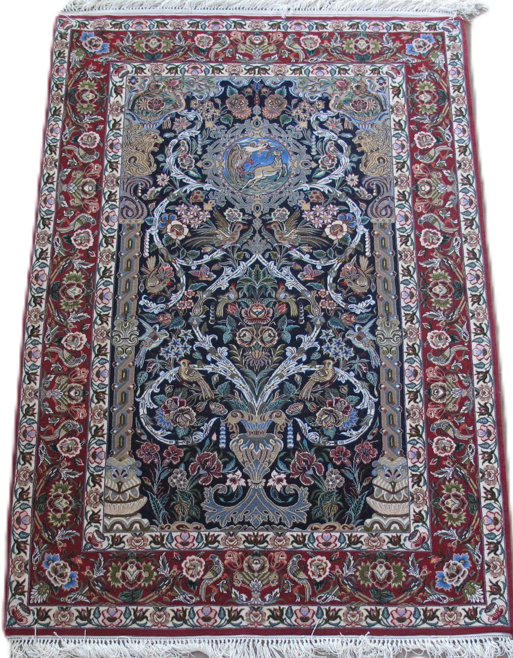 A rug with a floral pattern on it is on a white background.