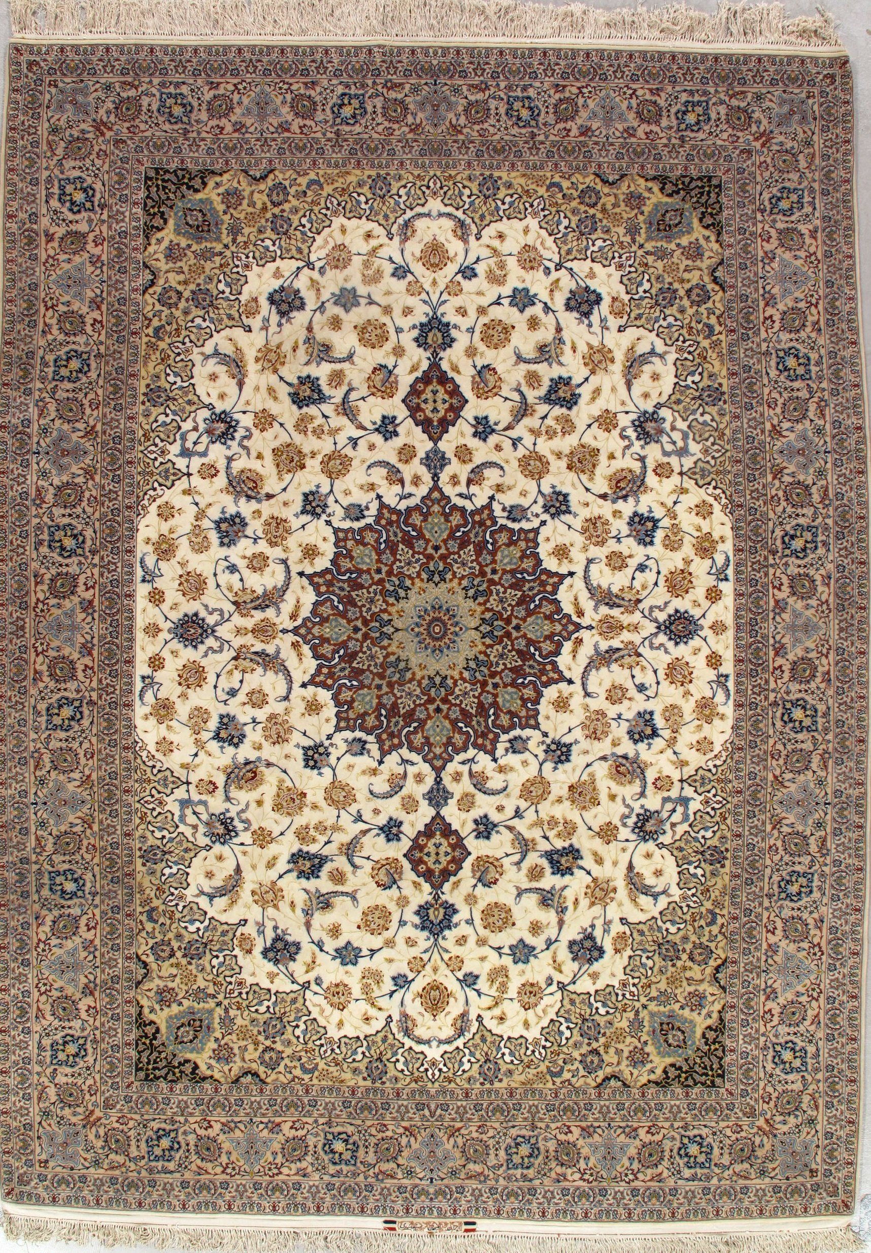 A rug with a circular pattern on it is sitting on a table.