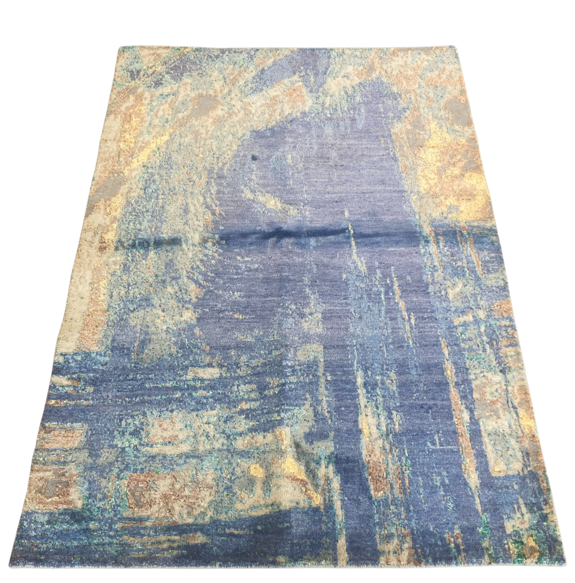 A blue and yellow rug with a painting on it