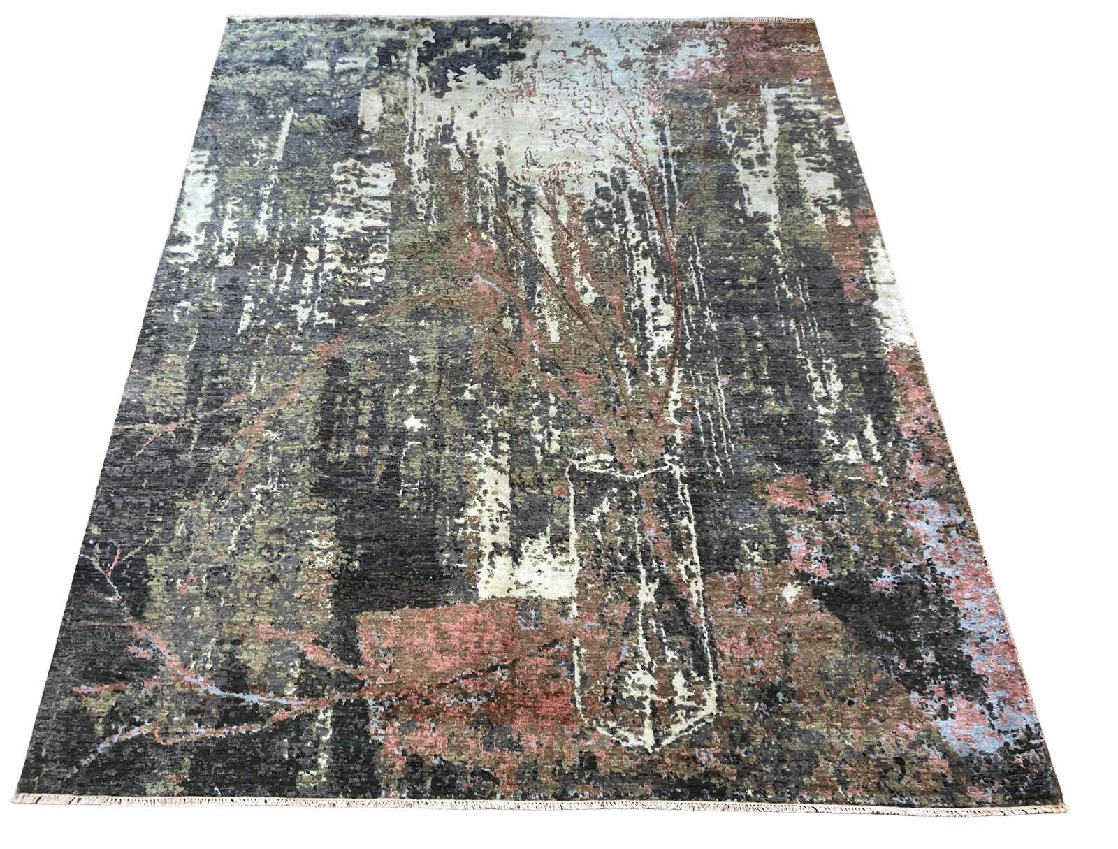 A rug with a painting on it is on a white background.