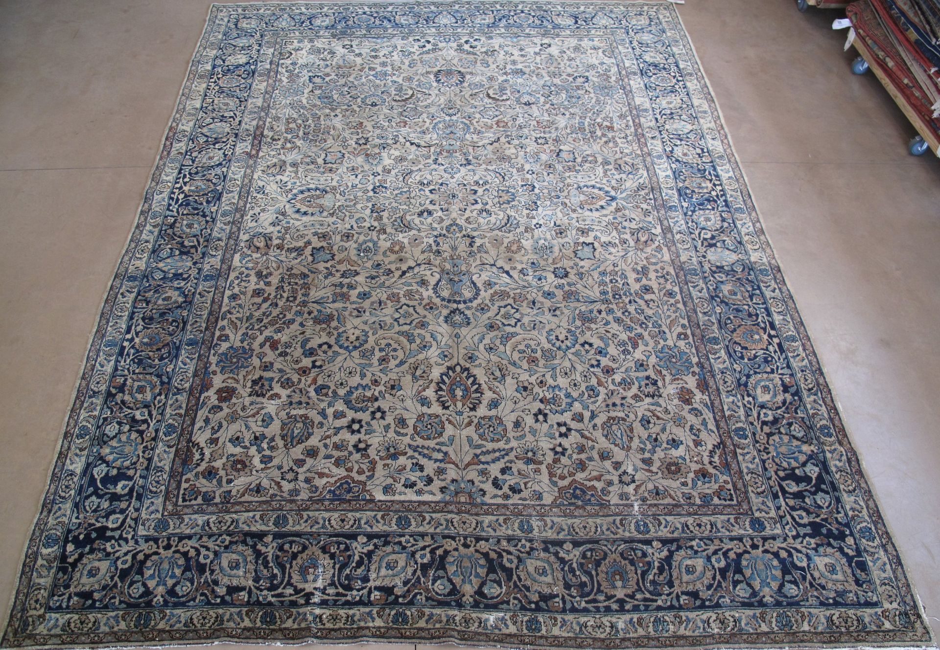 A rug with a floral pattern on it is on a white background.