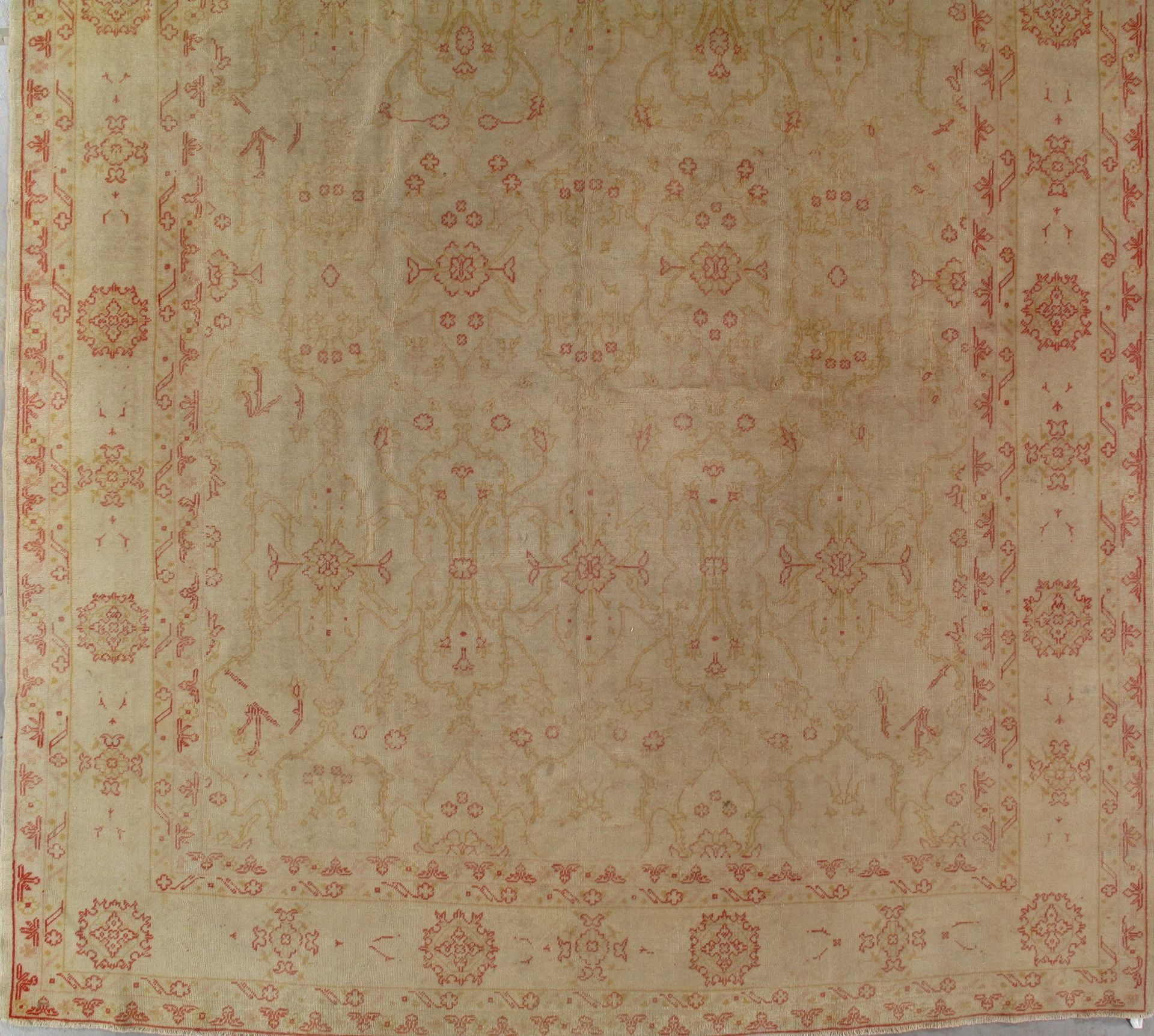 A beige and red rug with a floral pattern on it