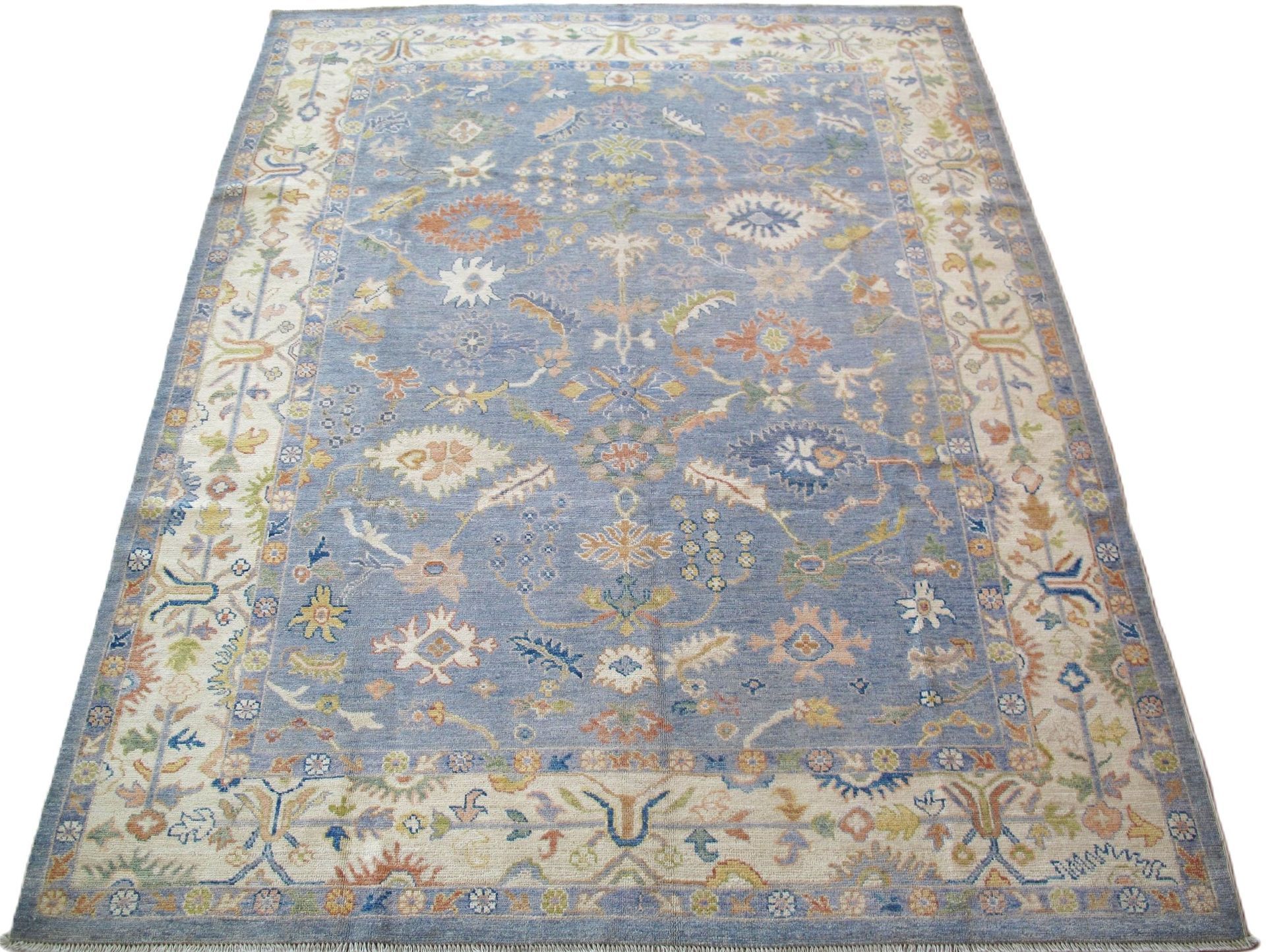 A blue rug with a floral pattern on it is on a white background.