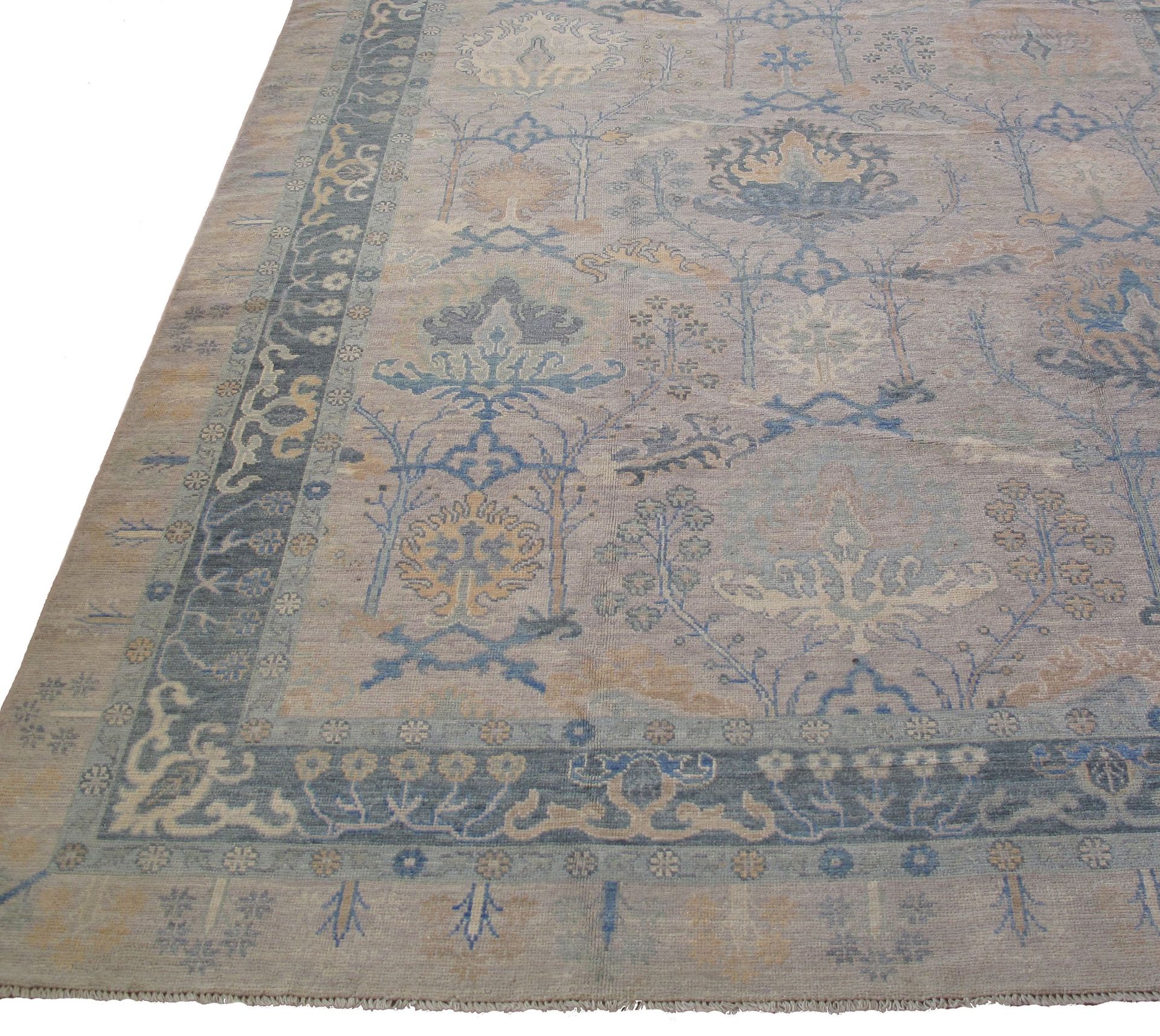 A rug with a blue border on a white background.