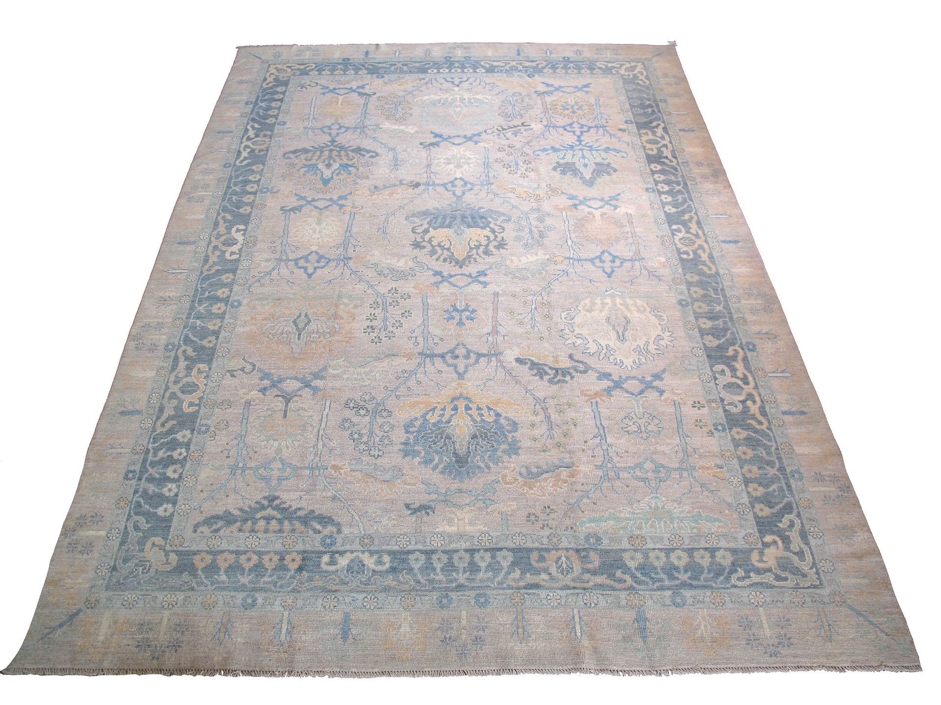 A rug with a blue border on a white background.