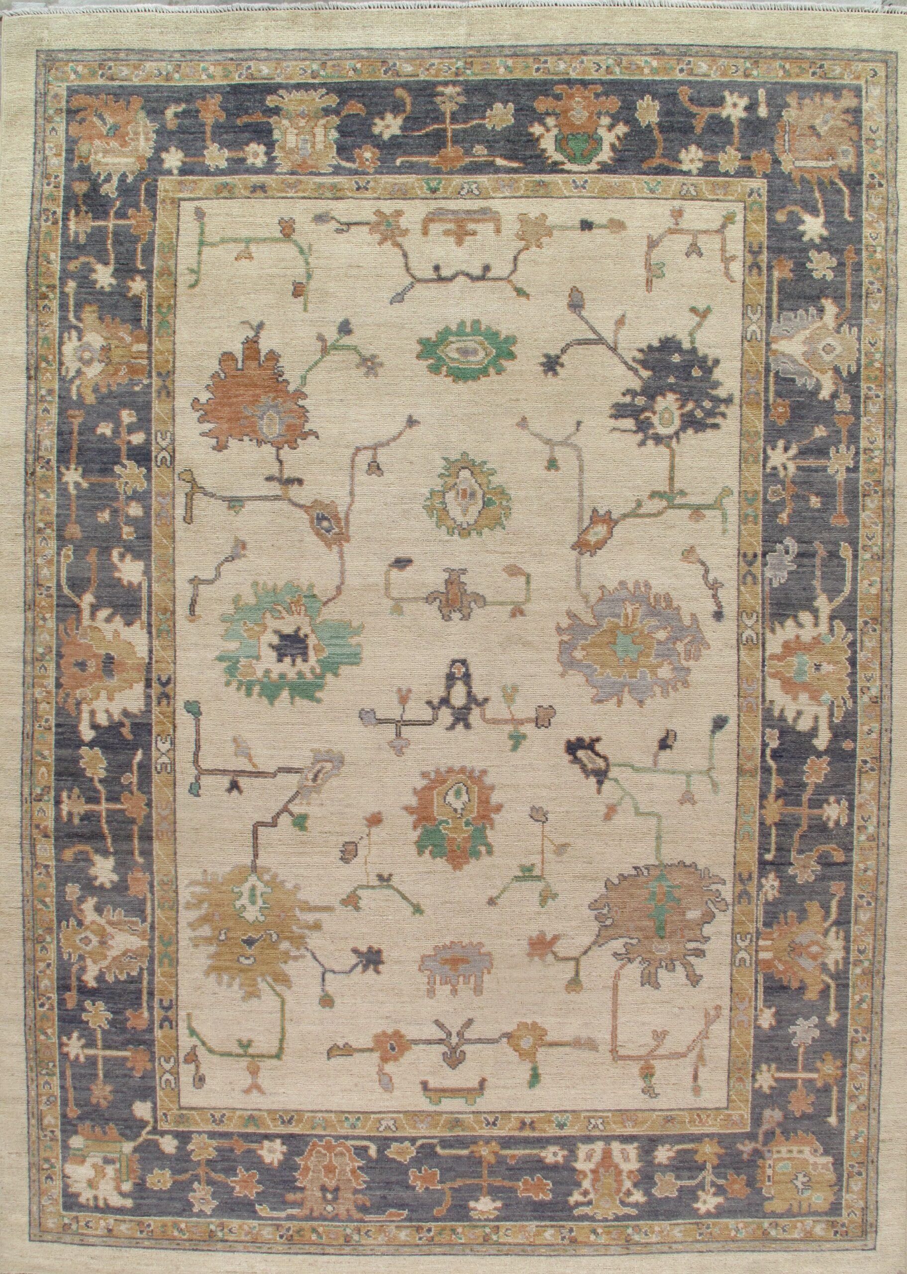 A rug with a floral pattern and a blue border