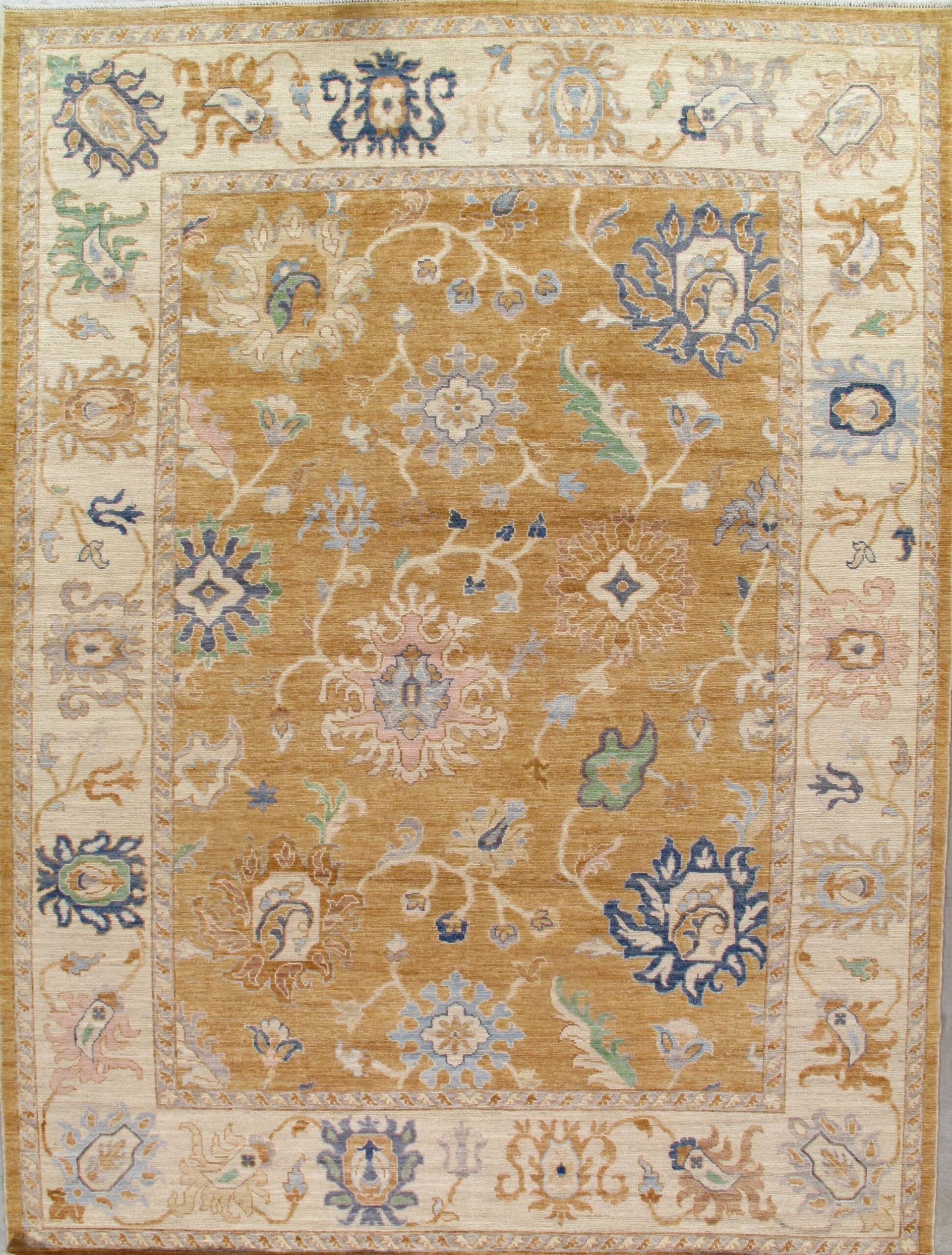 A rug with a floral pattern on it is sitting on a table.
