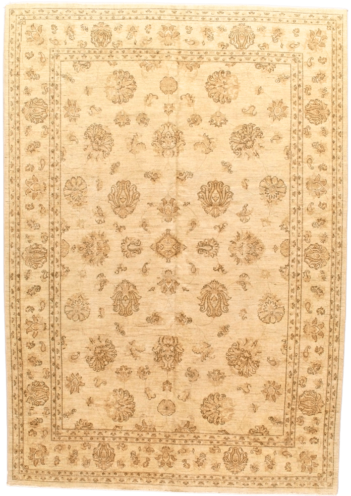 A beige rug with a floral pattern on it