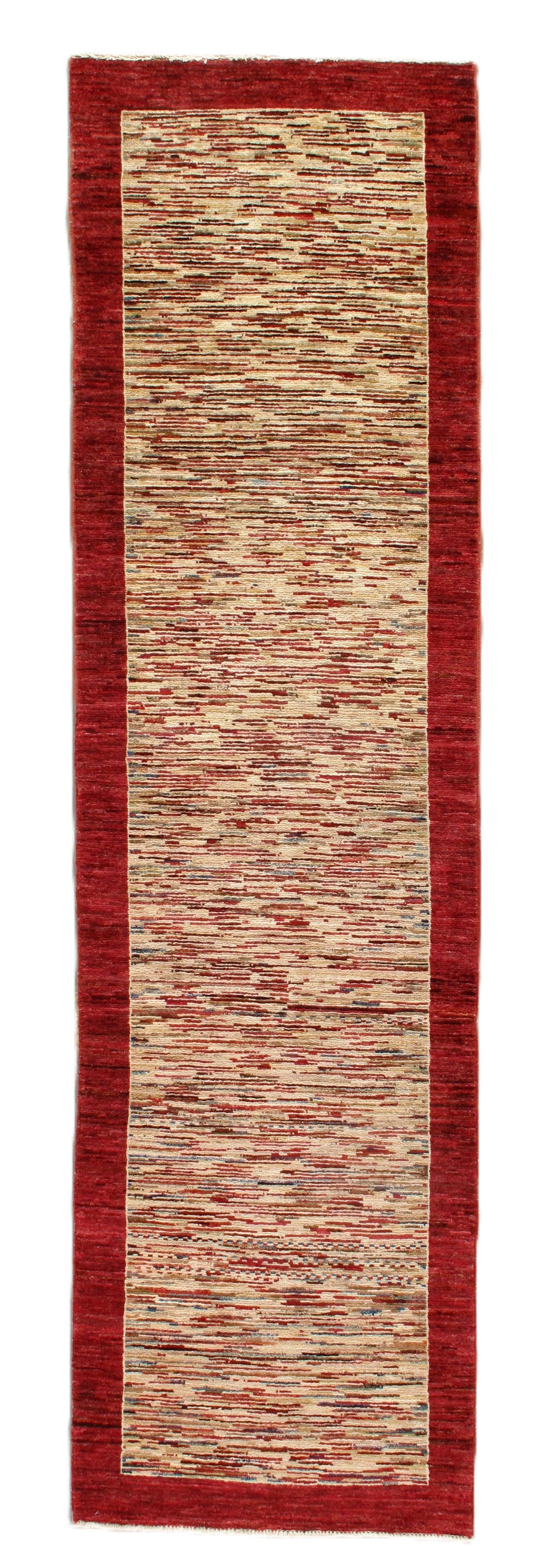 Red runner rug with a cream and red center.