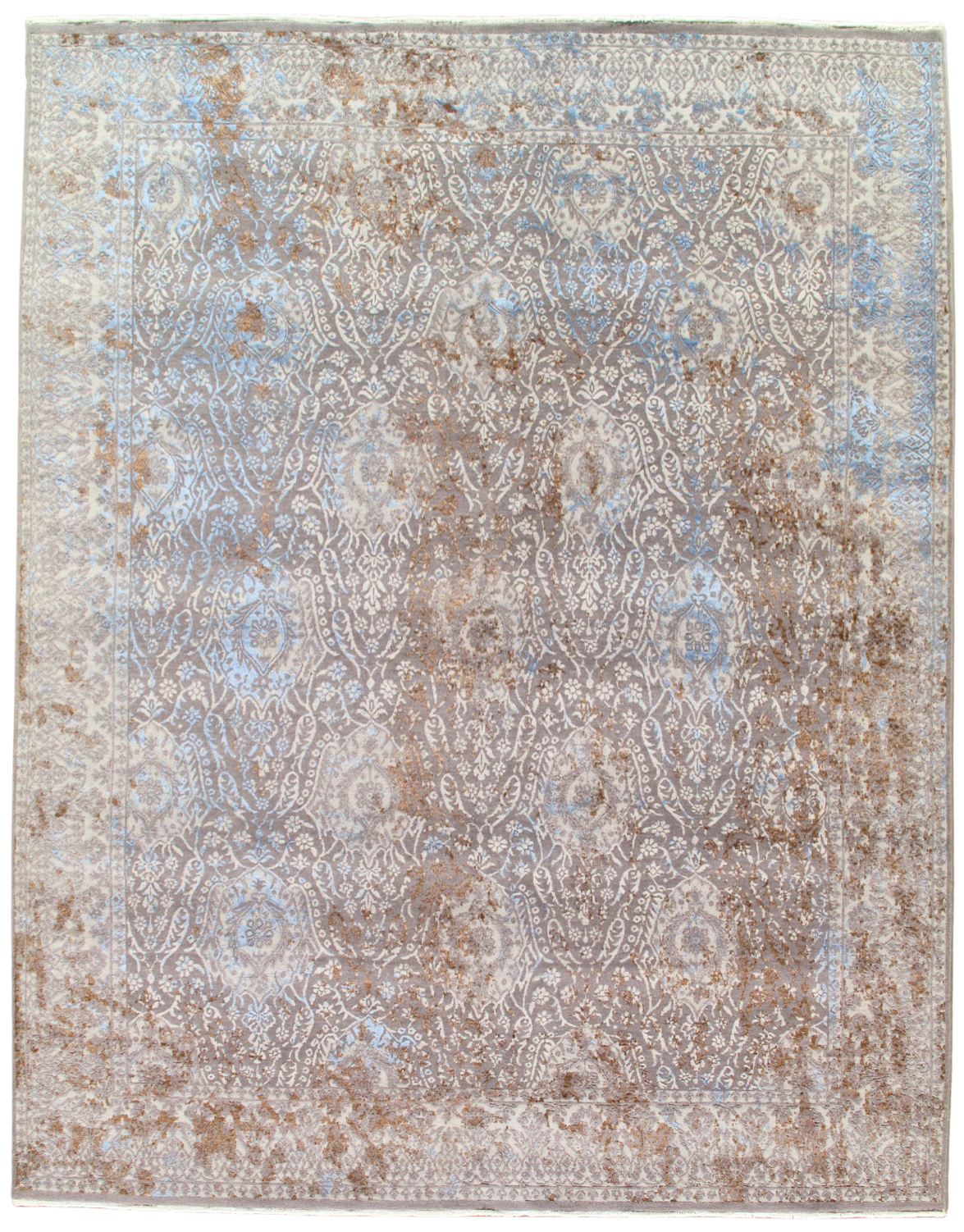 A square rug with a pattern on it is on a white background.
