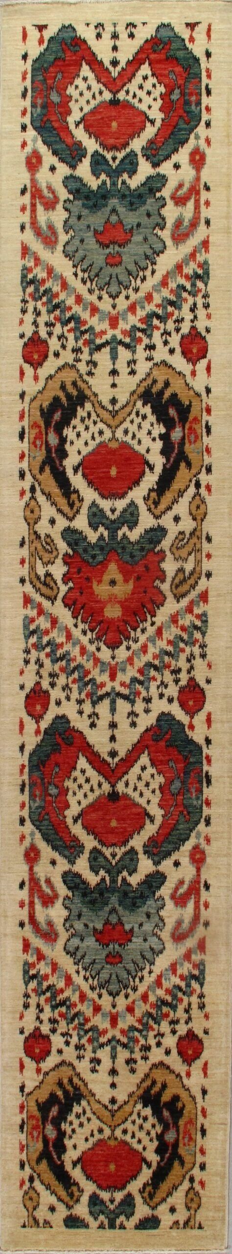 A rug with a colorful pattern on it is sitting on a table.