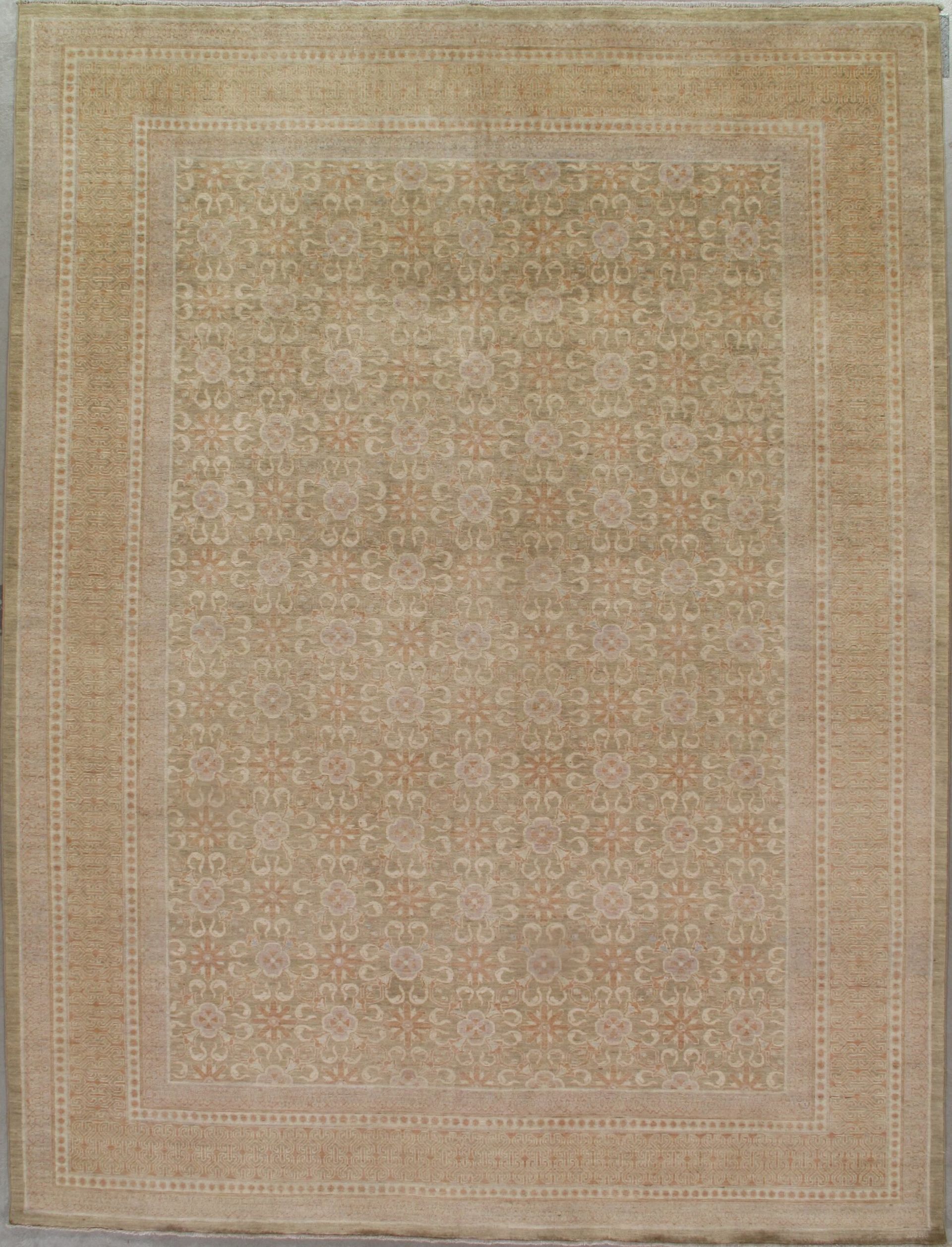 A square rug with a pattern on it is sitting on a table.