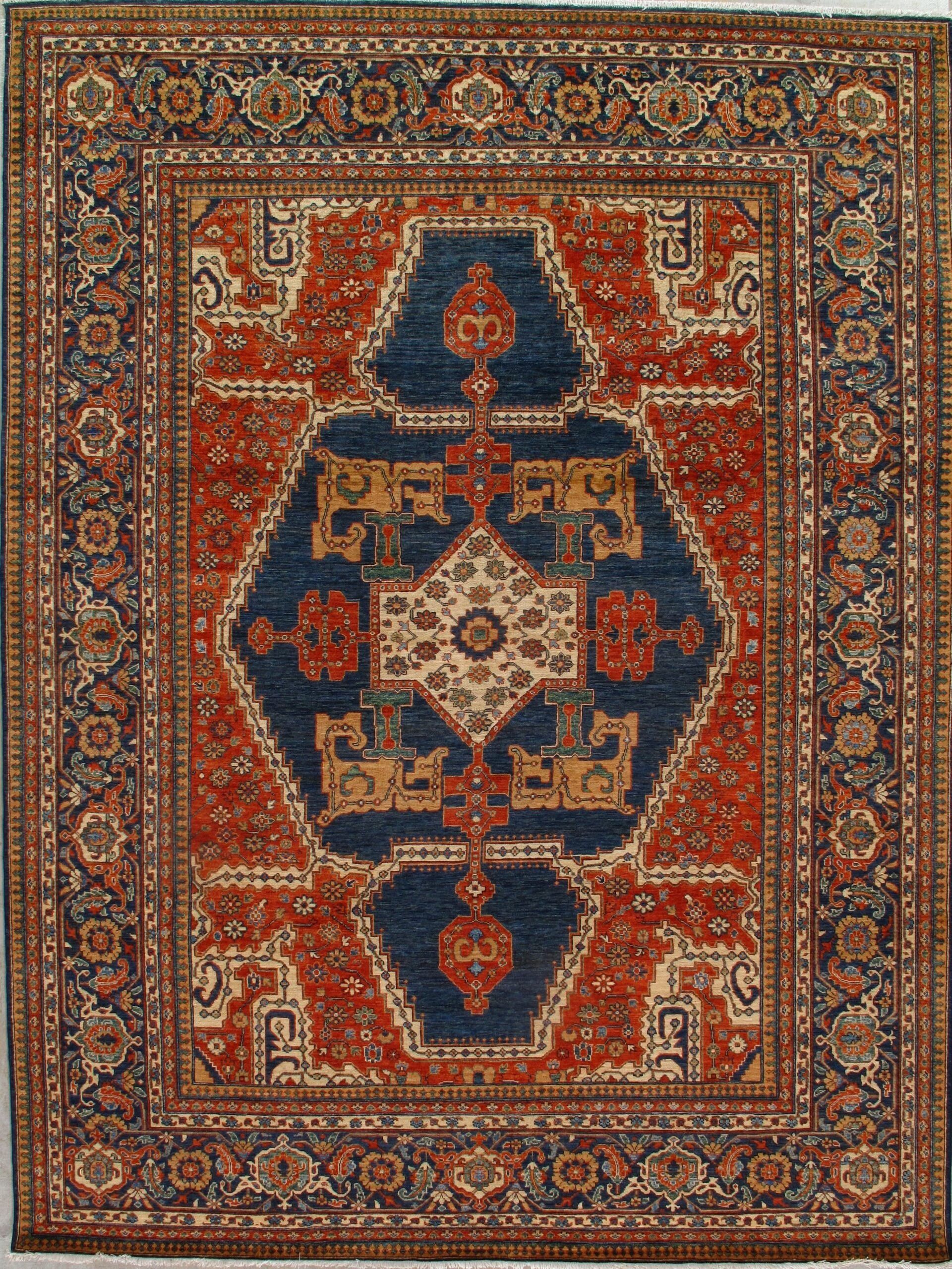 A rug with a blue and red pattern on it