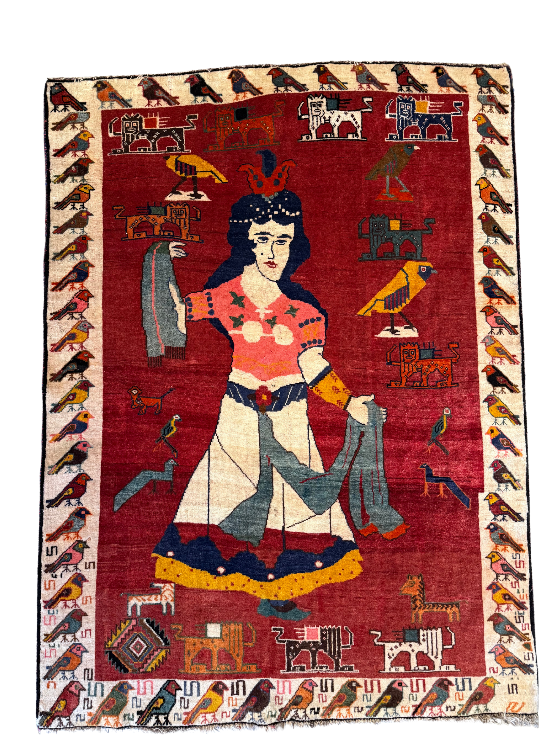 A rug with a painting of a woman holding a bird on it.