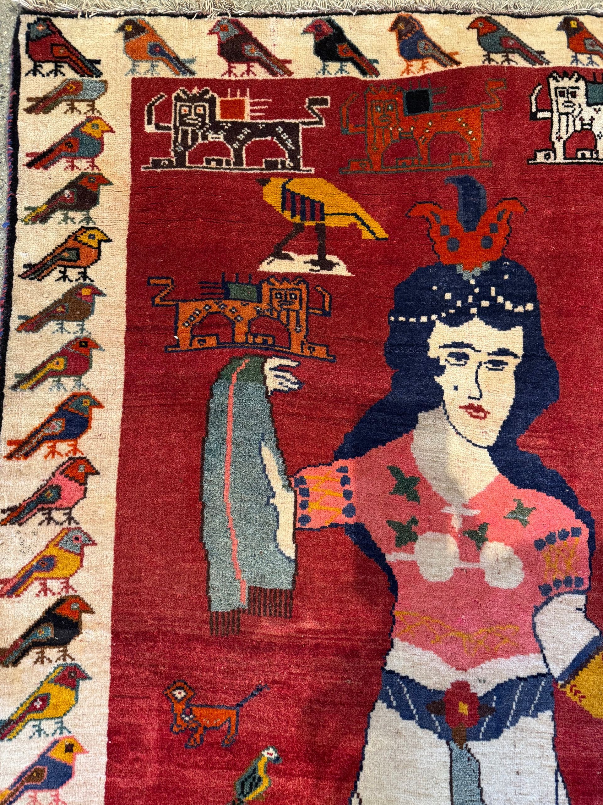 A rug with a painting of a woman holding a bird on it.