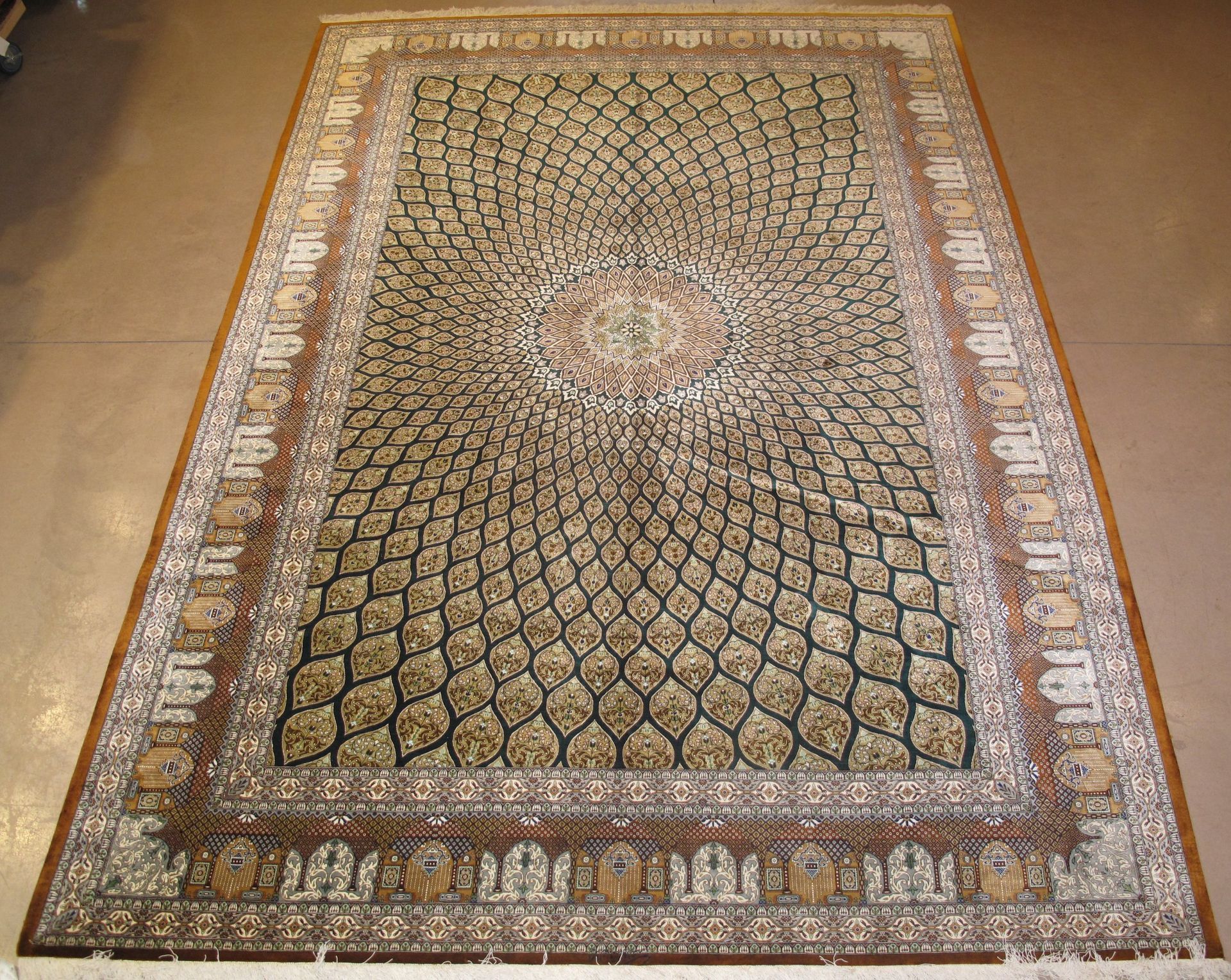 A rug with a circular pattern on it