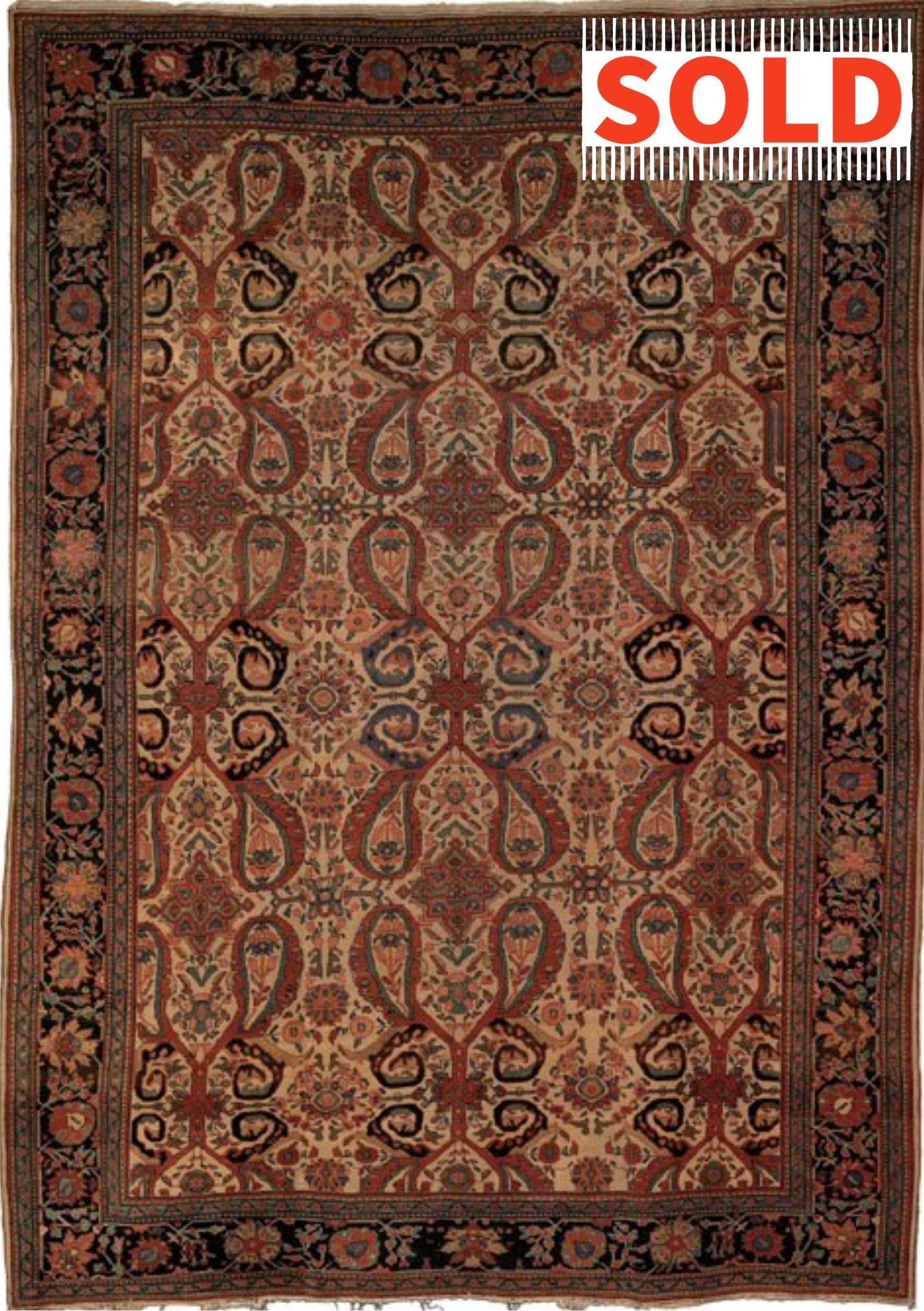 A brown rug with a sold sign on it.