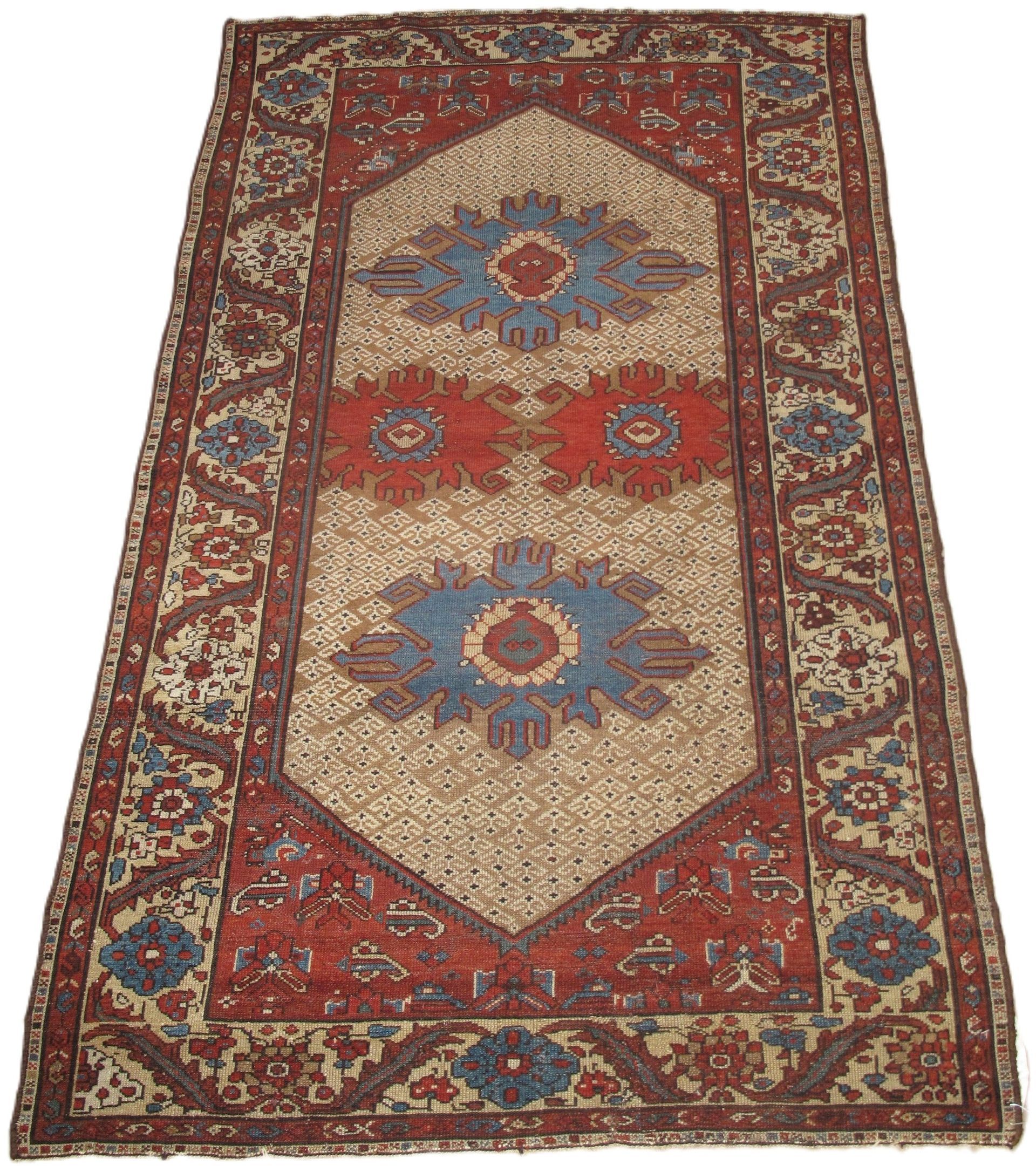 A rug with a red , white and blue pattern on it