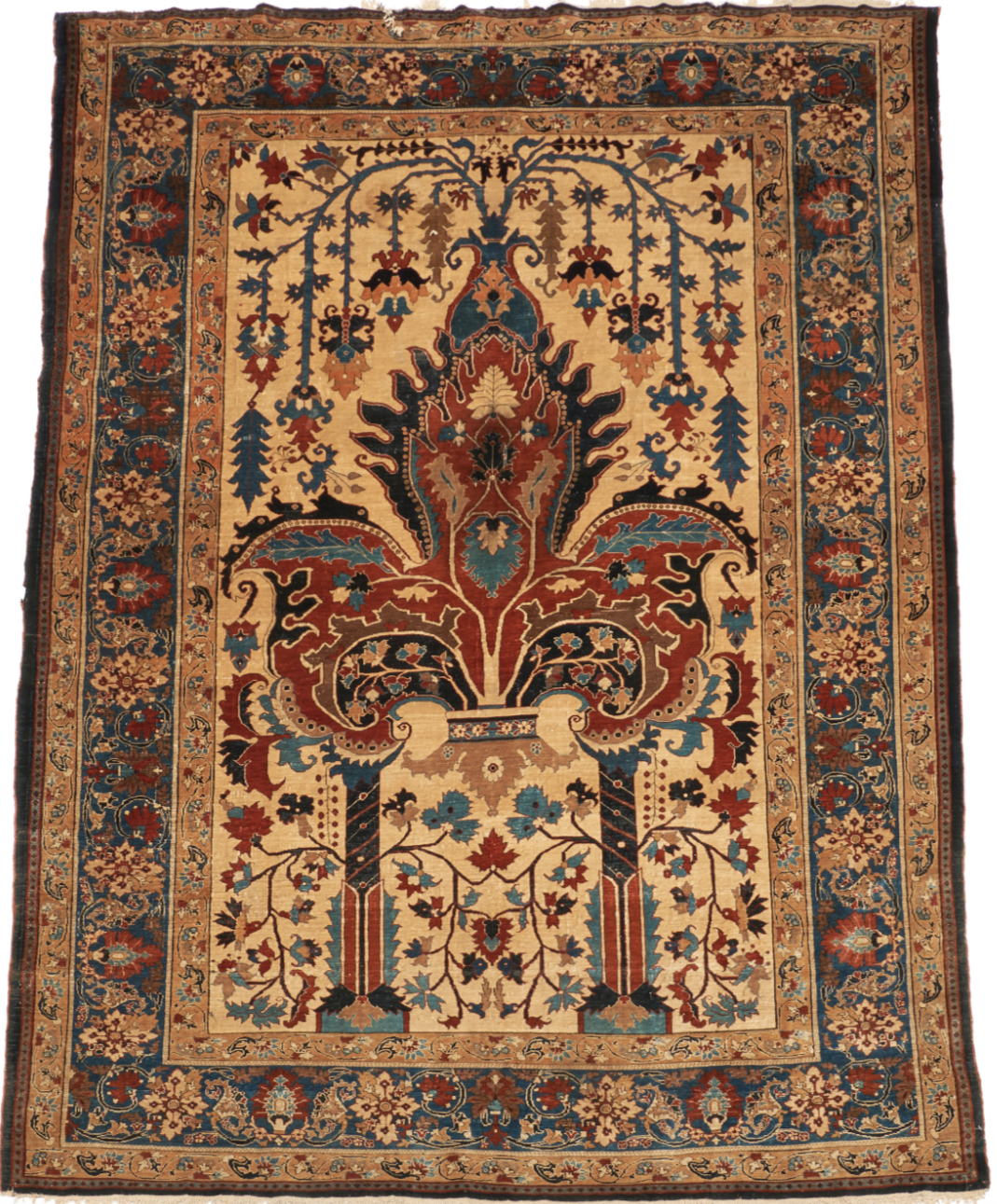 A rug with a floral design on it is on a white background.