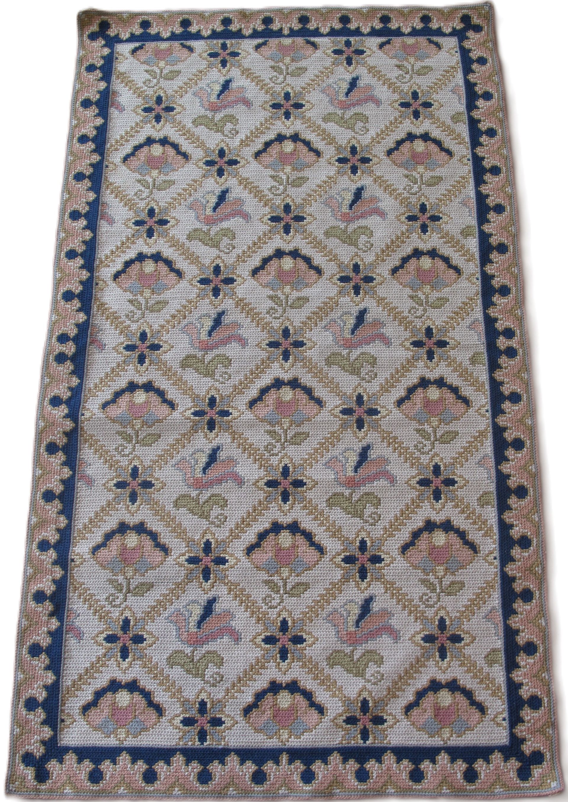 A rug with a floral pattern and a blue border