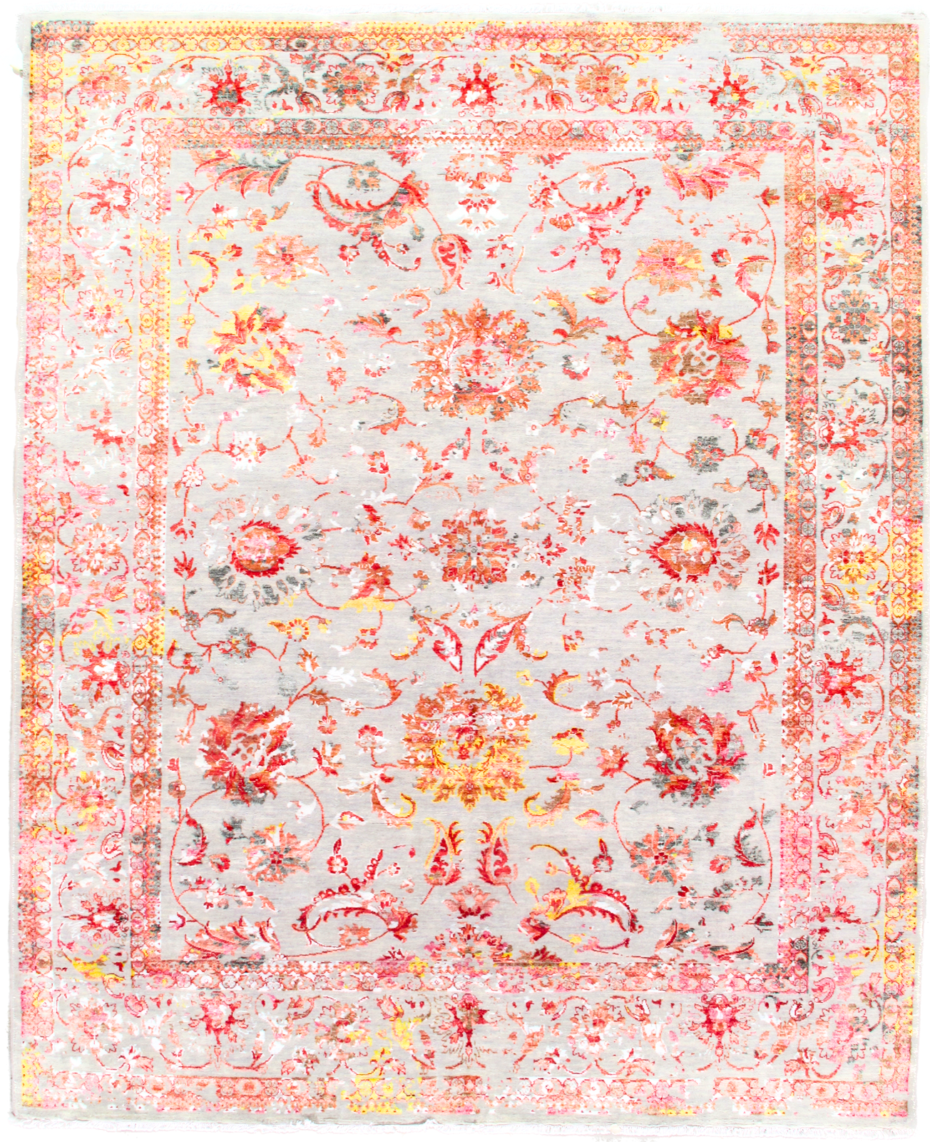 A pink and yellow rug with a floral pattern on a white background.
