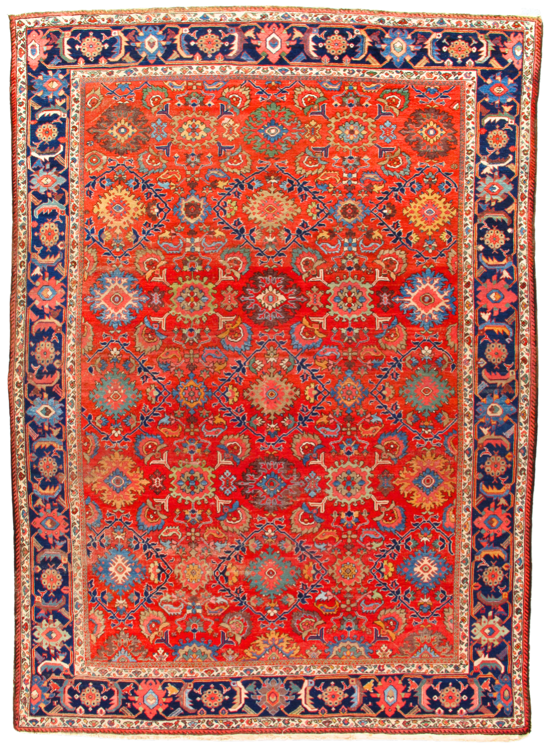 A red and blue rug with a floral pattern on it
