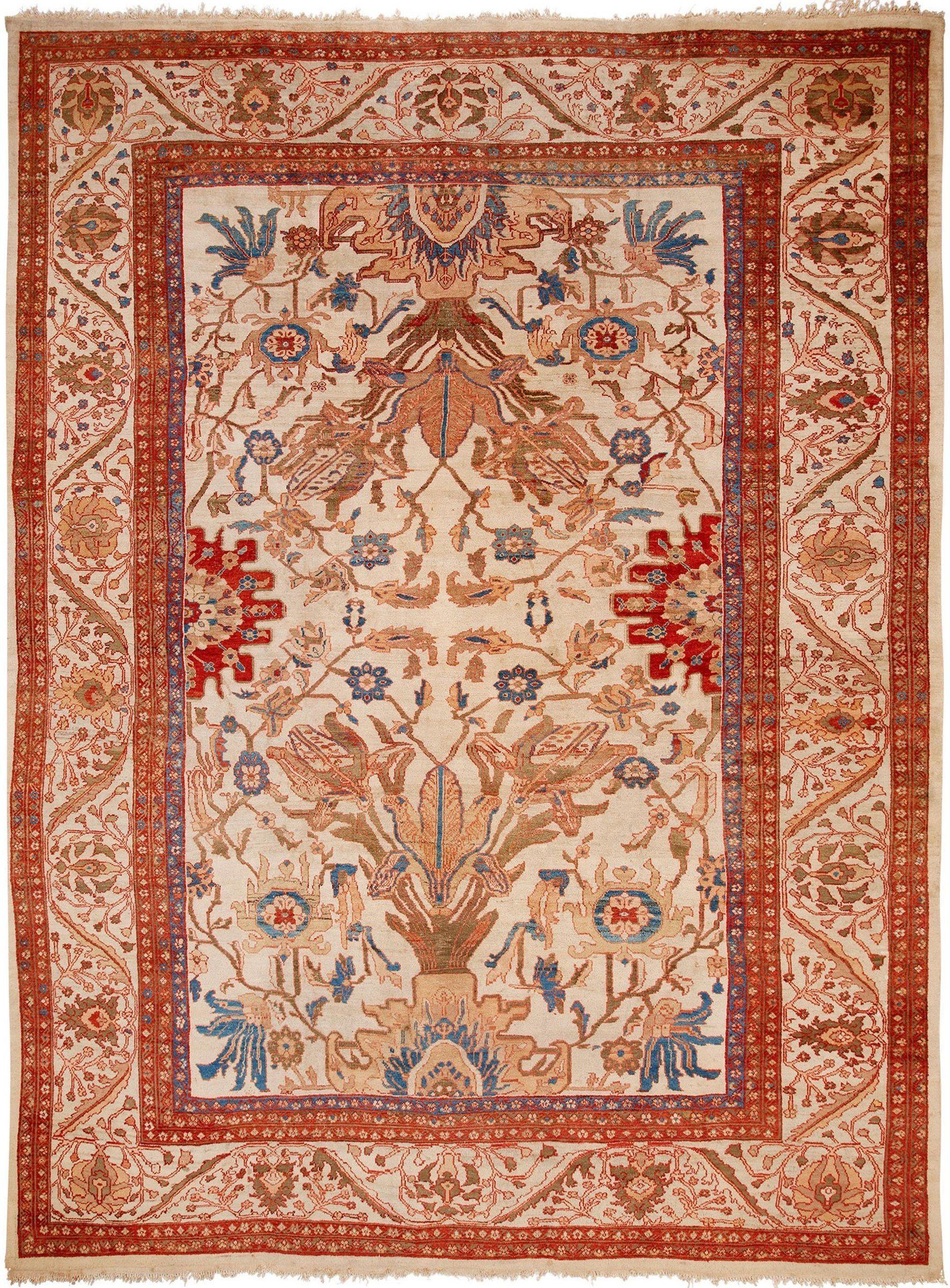 A rug with a floral pattern on it is on a white background.