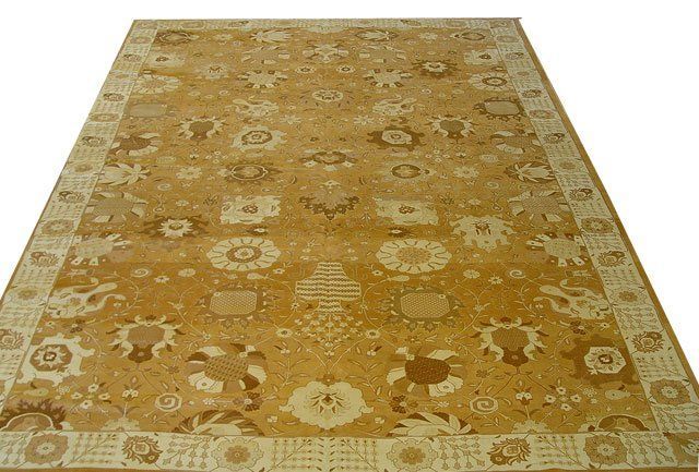 A rug with a pattern of flowers and circles on it