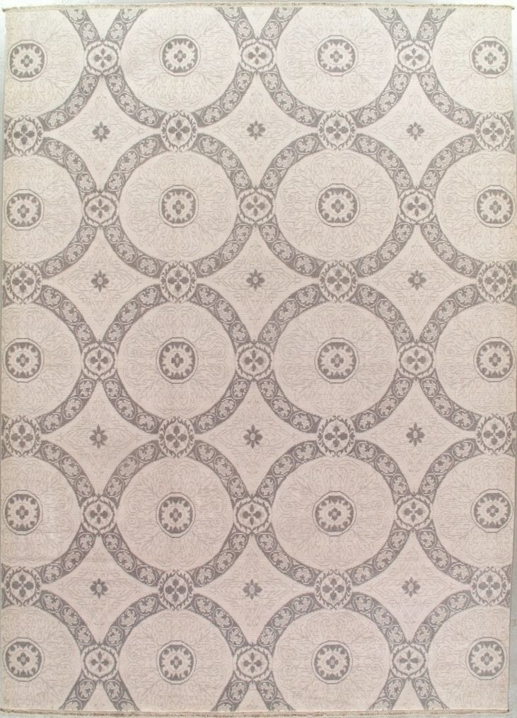 Beige and gray repeating circular wallpaper pattern with ornate floral details