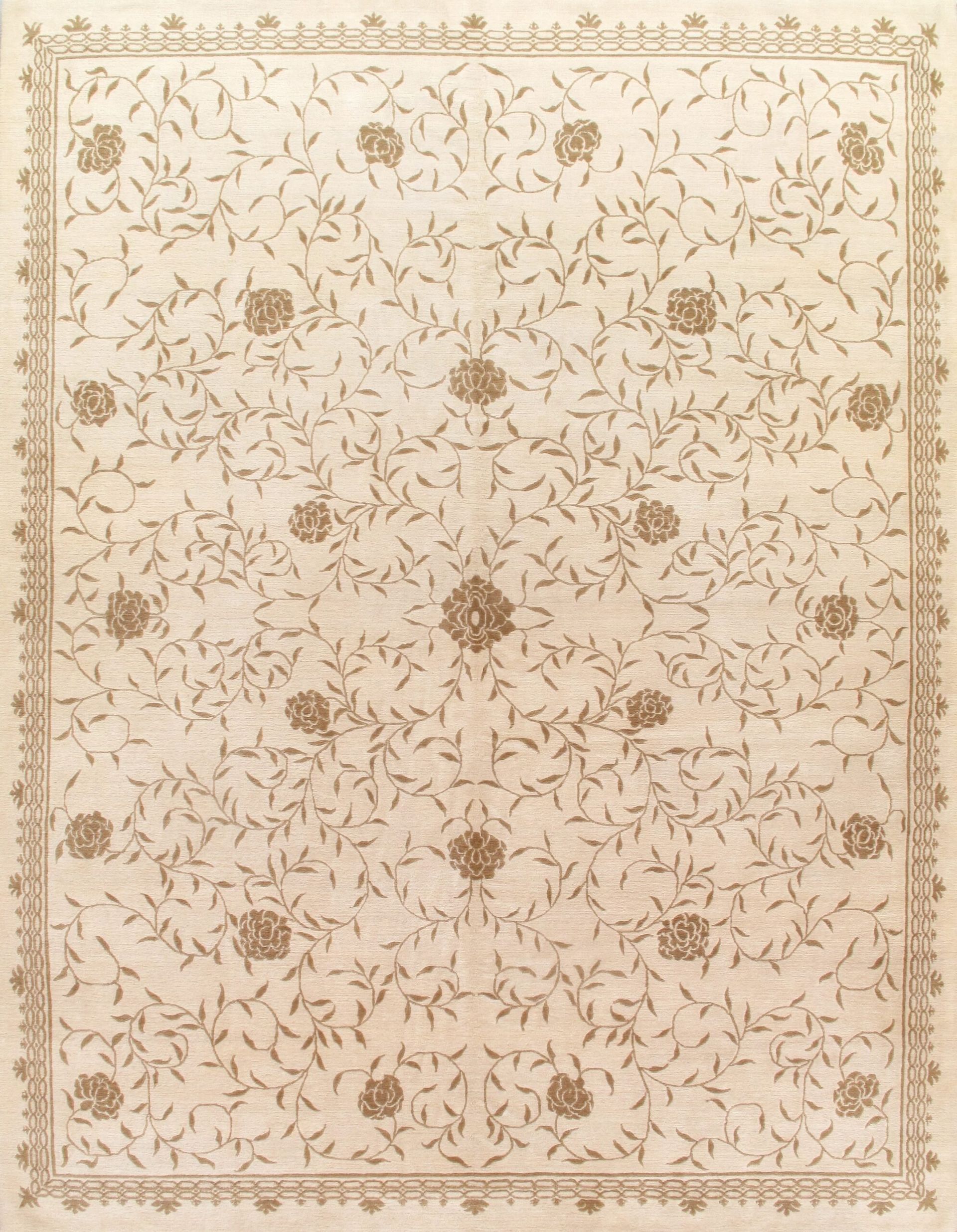 A white rug with a floral pattern on it