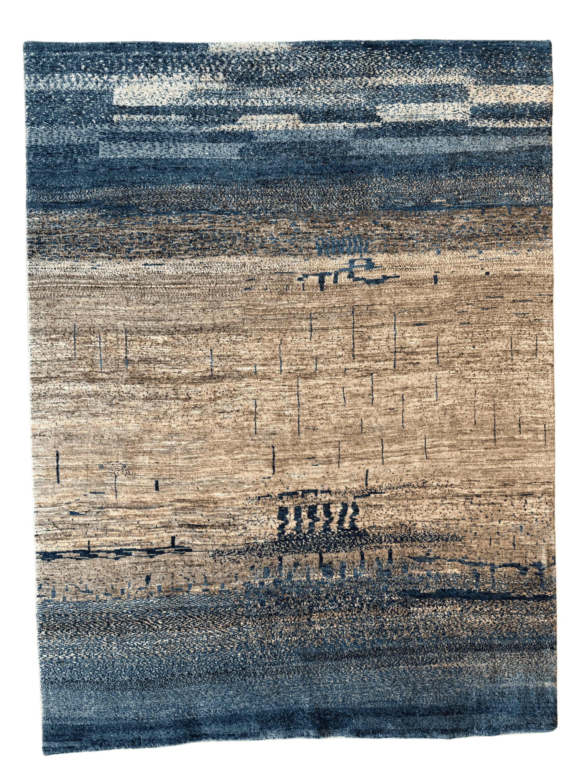 A rug with a picture of a boat in the water on it.